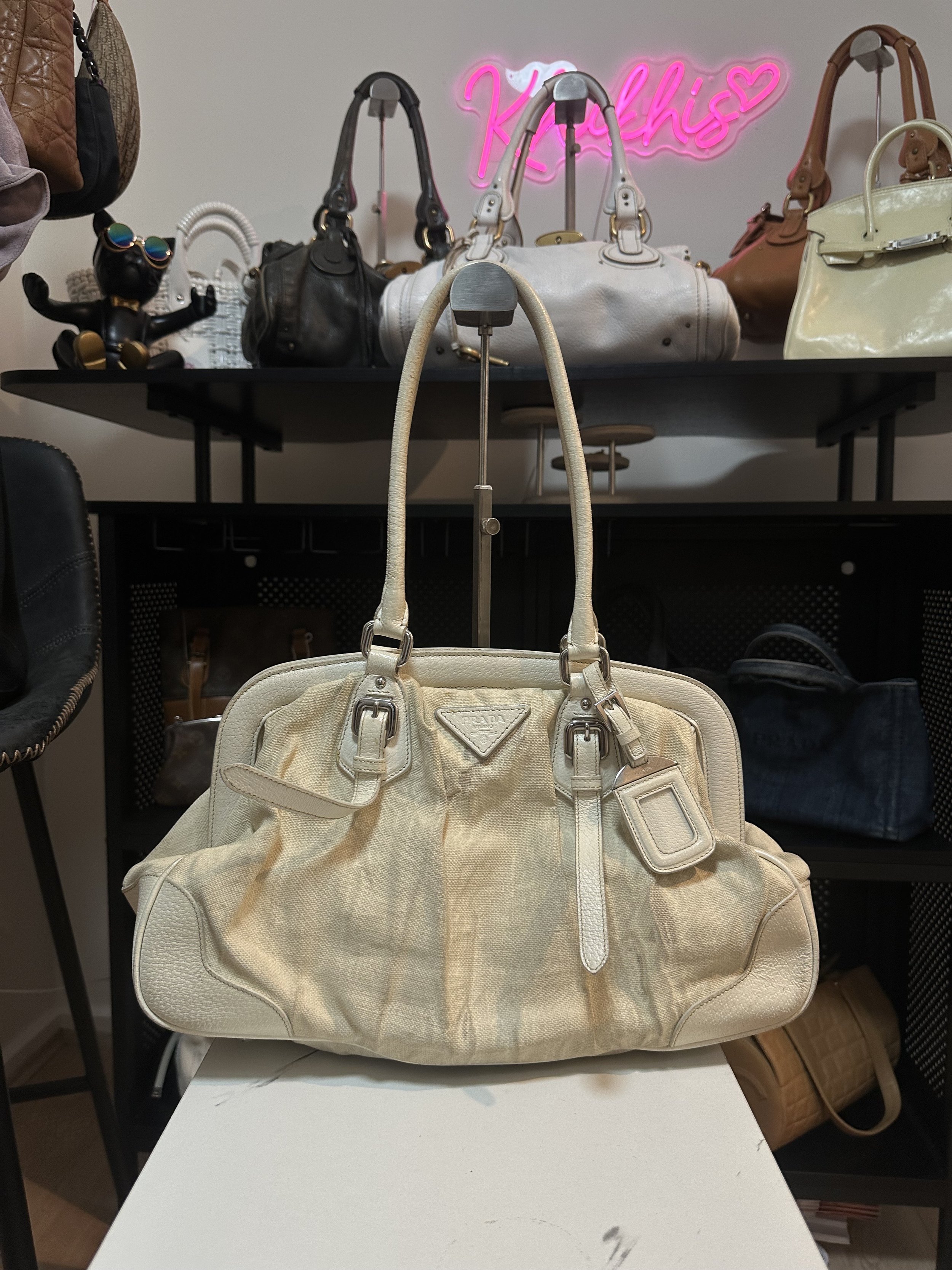 Prada Cream Canvas Leather Canapa Frame Bag