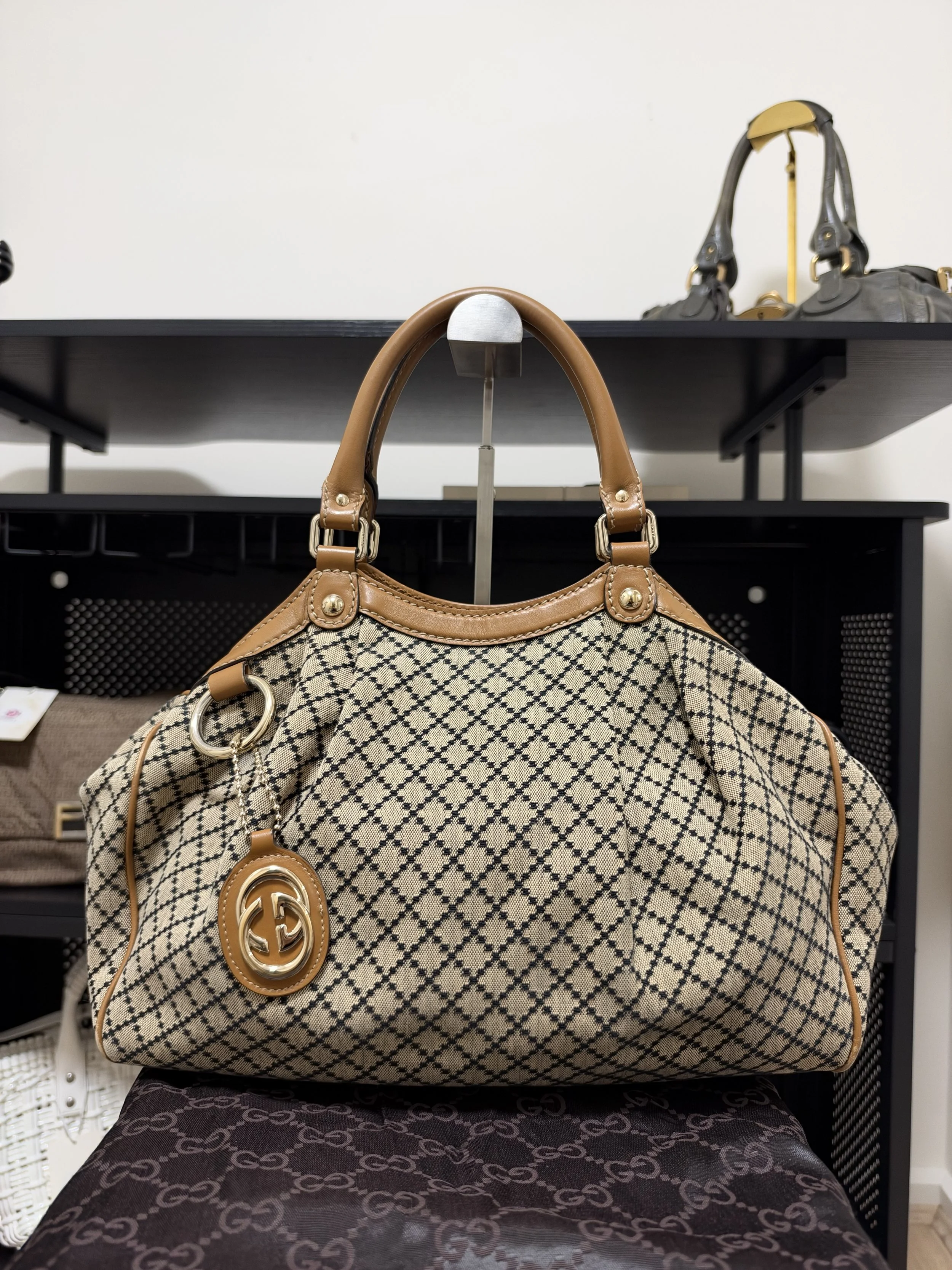 Gucci Brown Beige Canvas Diamante Sukey Ring Tote Bag