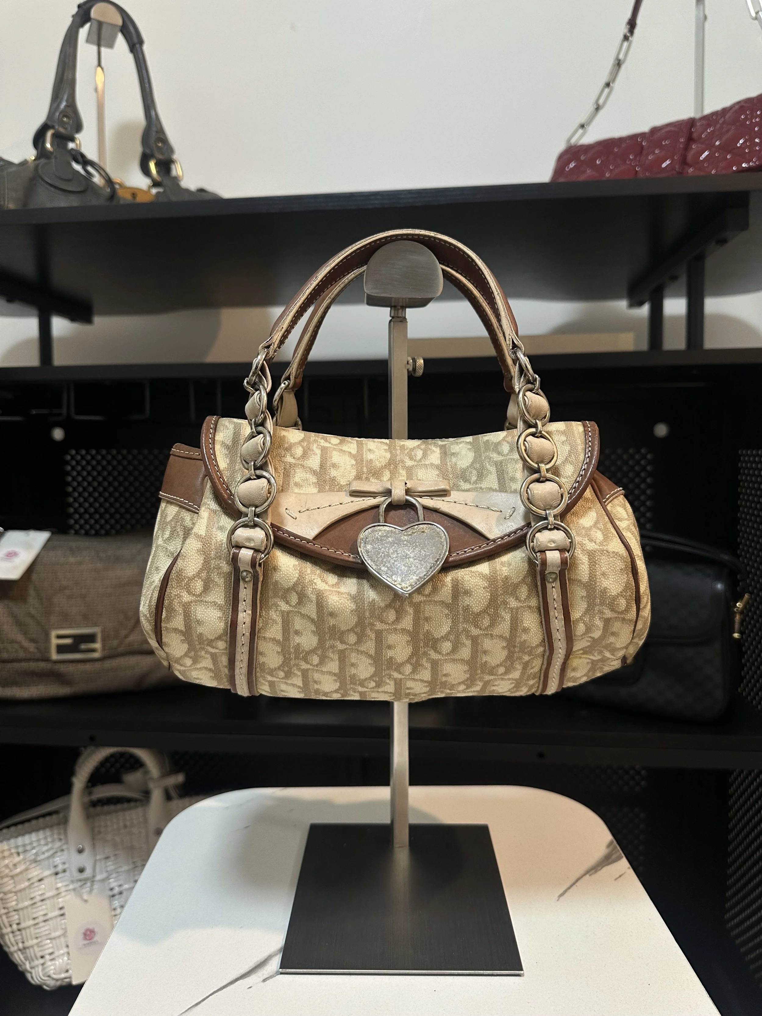 Dior Beige Brown Romantic Trotter Heart Lock Bow Handbag