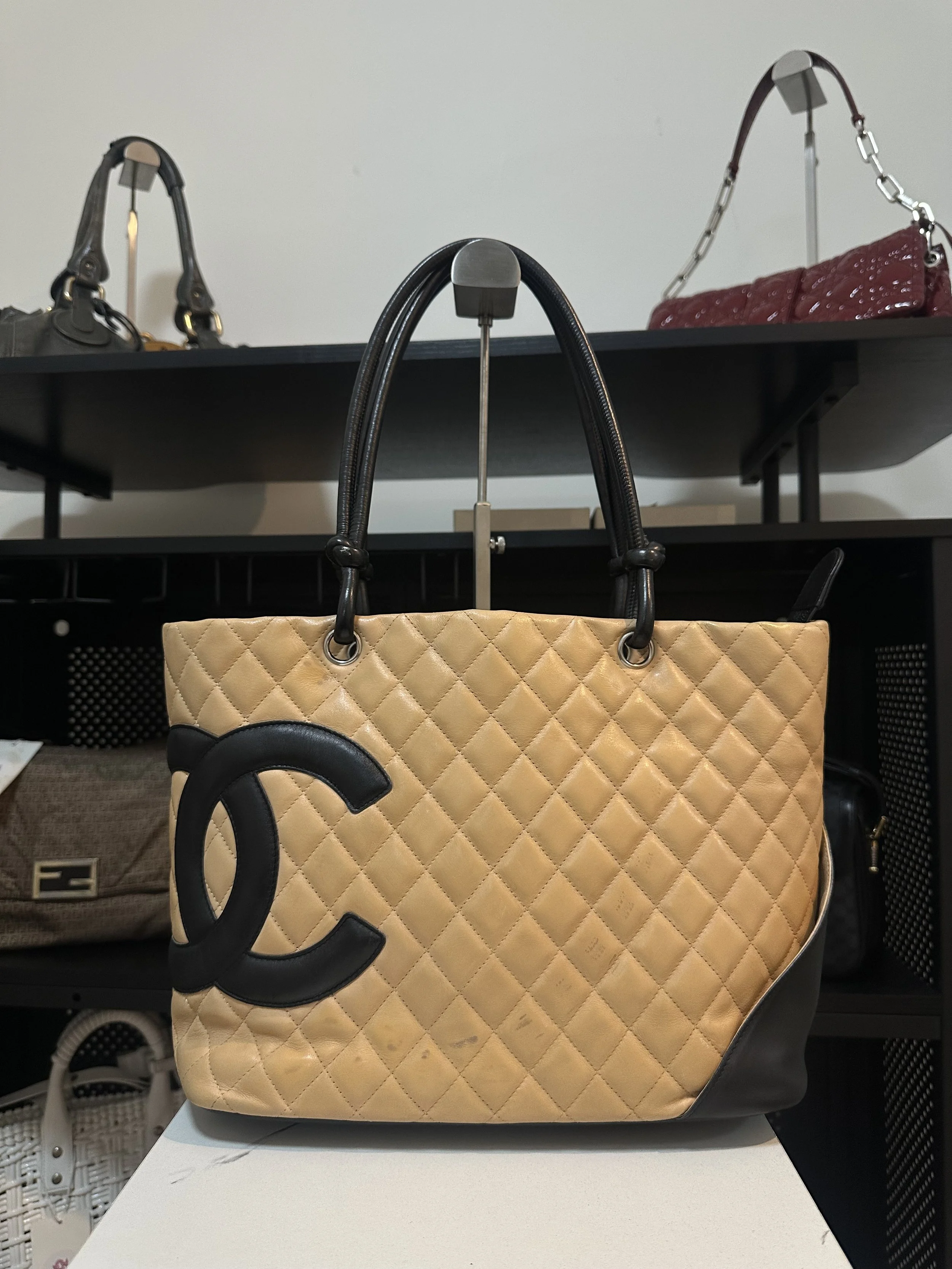 Chanel Beige Black Leather Cambon Ligne Large Tote