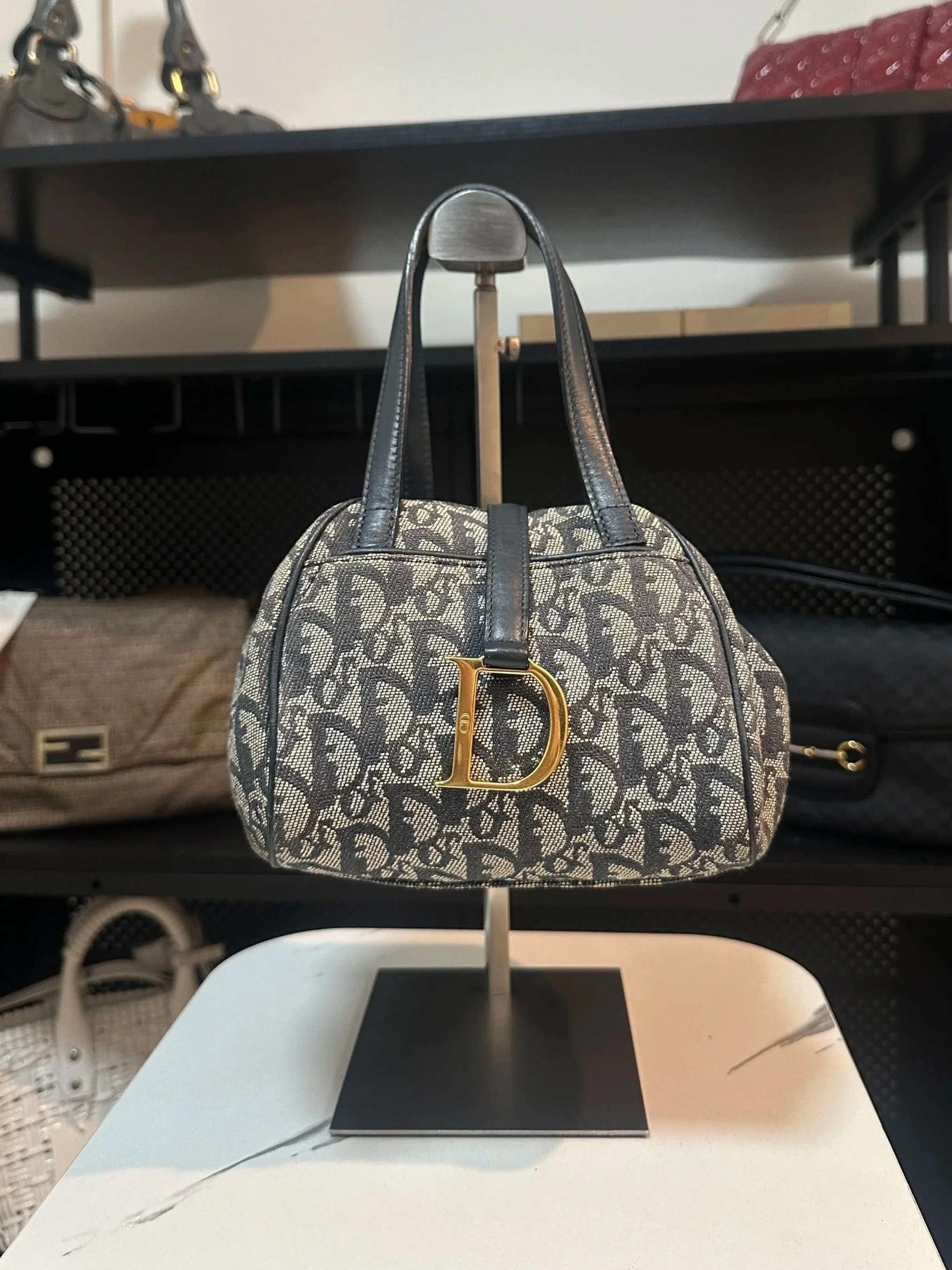 Dior Navy Canvas Trotter Monogram 'Dumpling' Bag