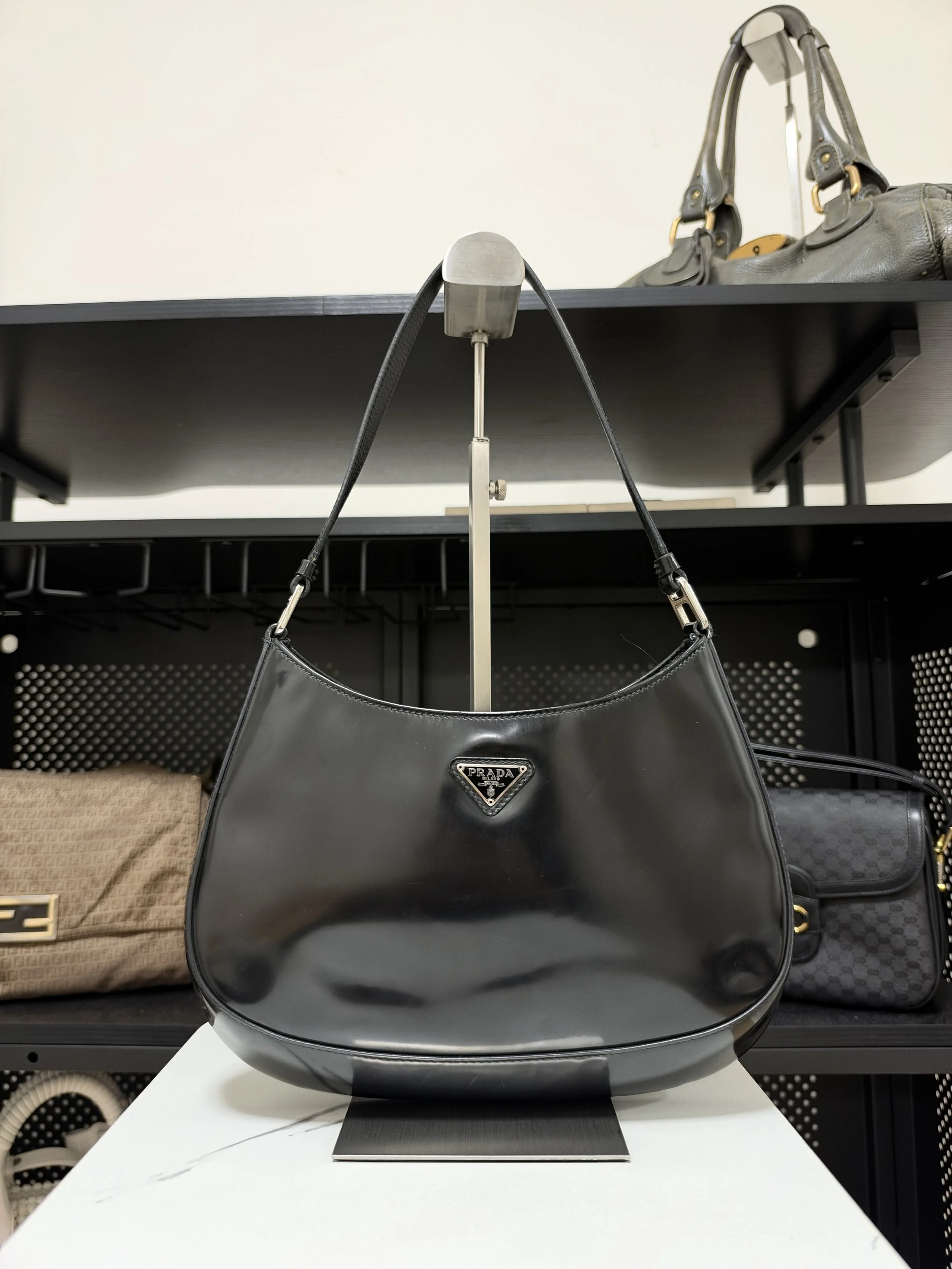 Prada Black Brushed Patent Leather Cleo Shoulder Bag