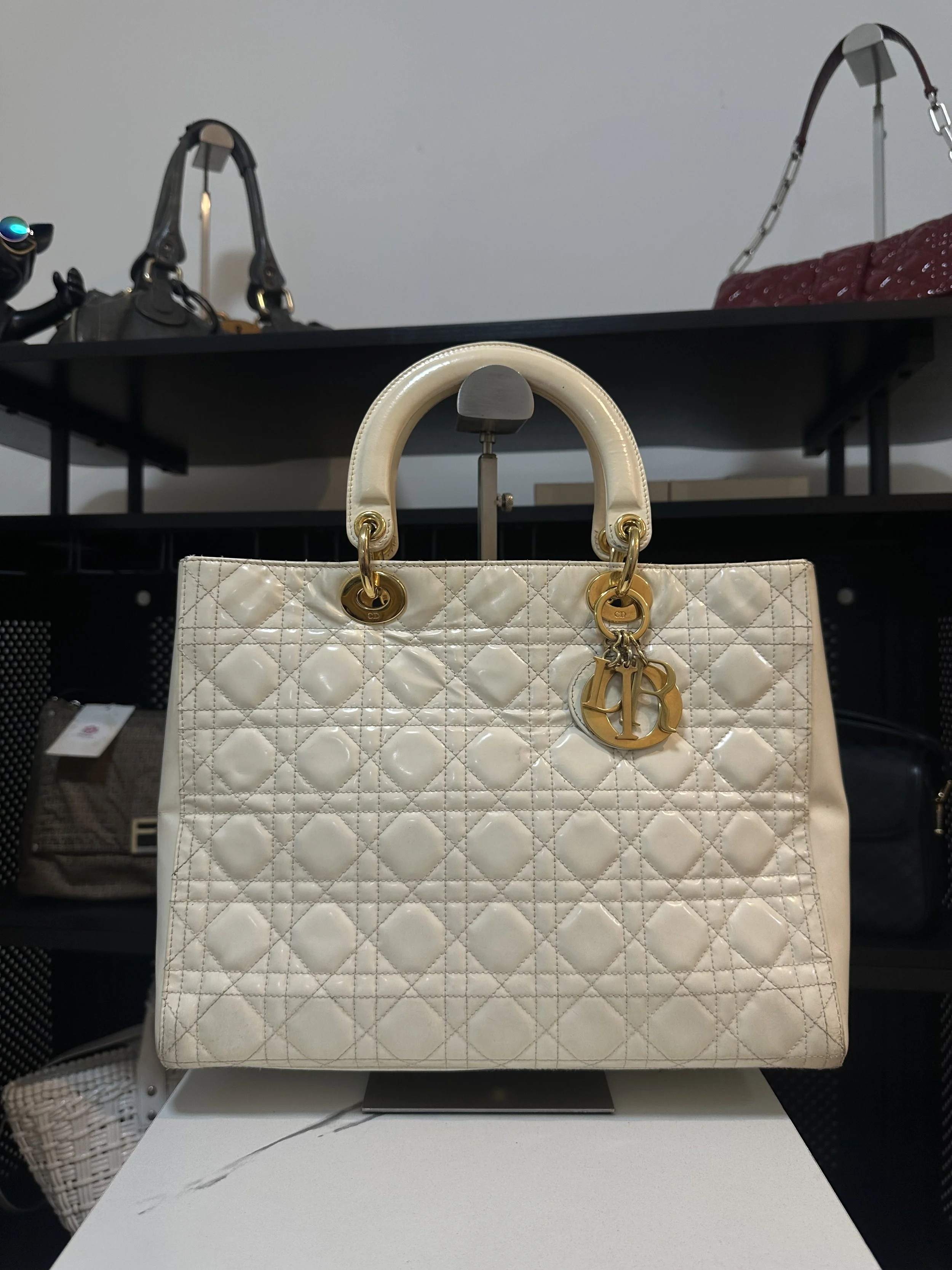 Christian Dior 'Lady Dior' White Patent Leather Large Handbag