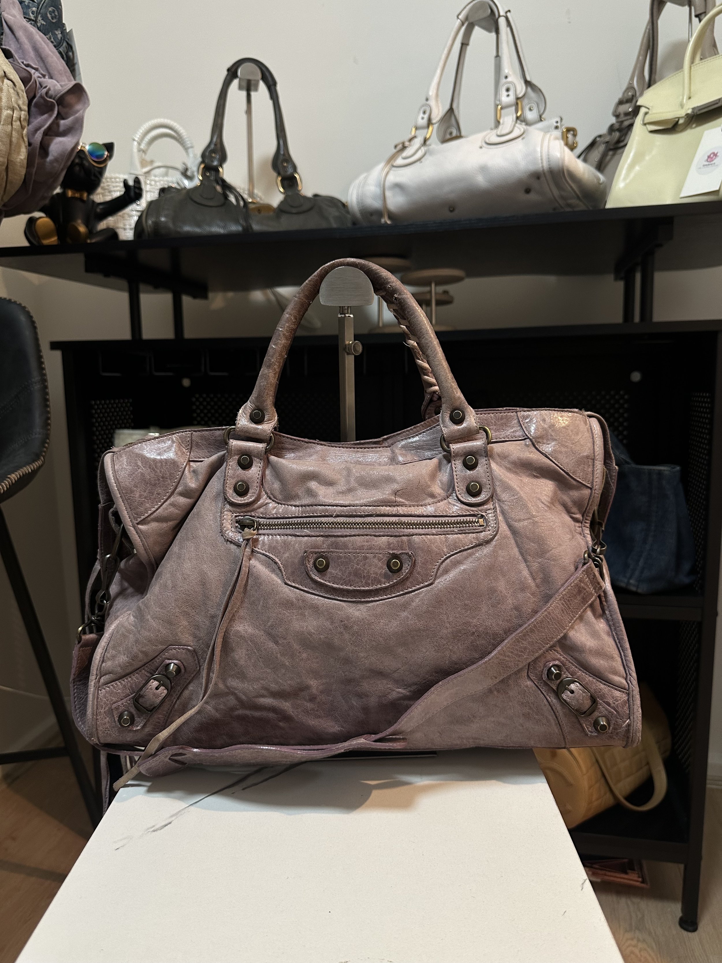 Balenciaga Purple Taupe Leather Classic Large City Bag