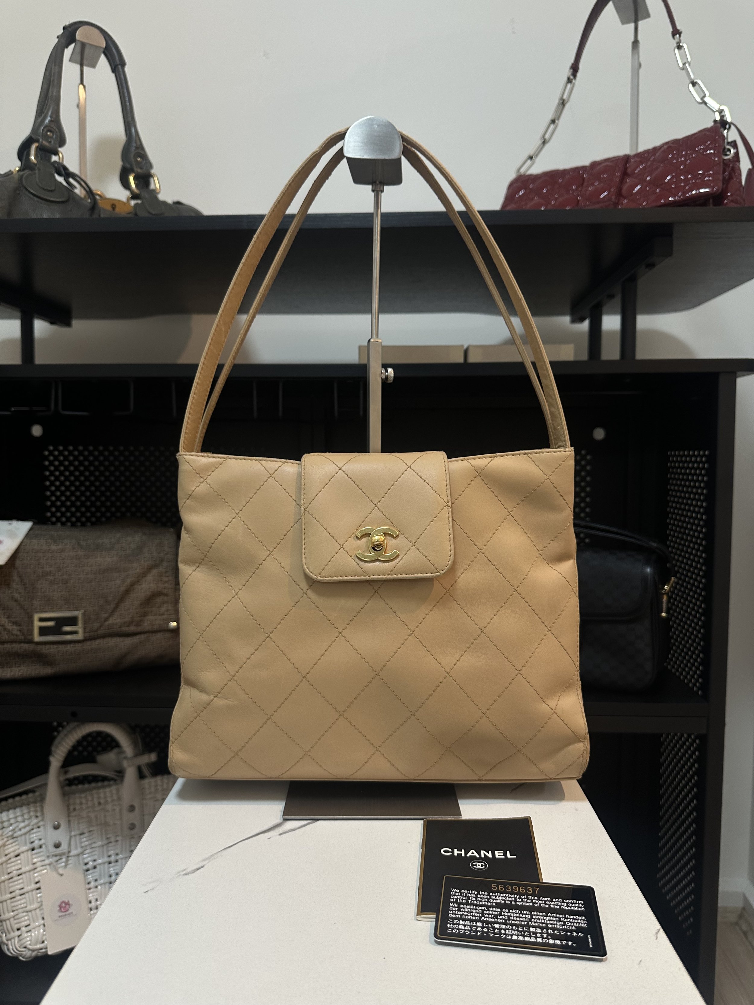 Chanel Beige Lambskin Leather Turnlock Kelly Shoulder Bag
