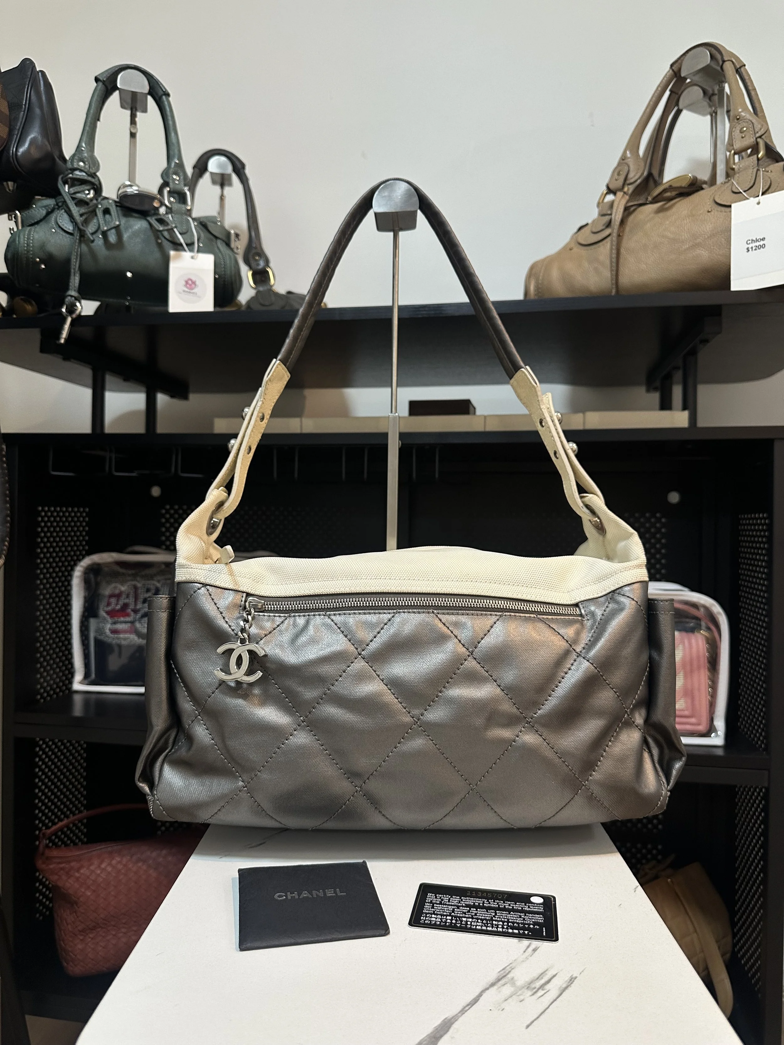 Chanel Silver Coated Canvas Paris Biarritz Shoulder Hobo