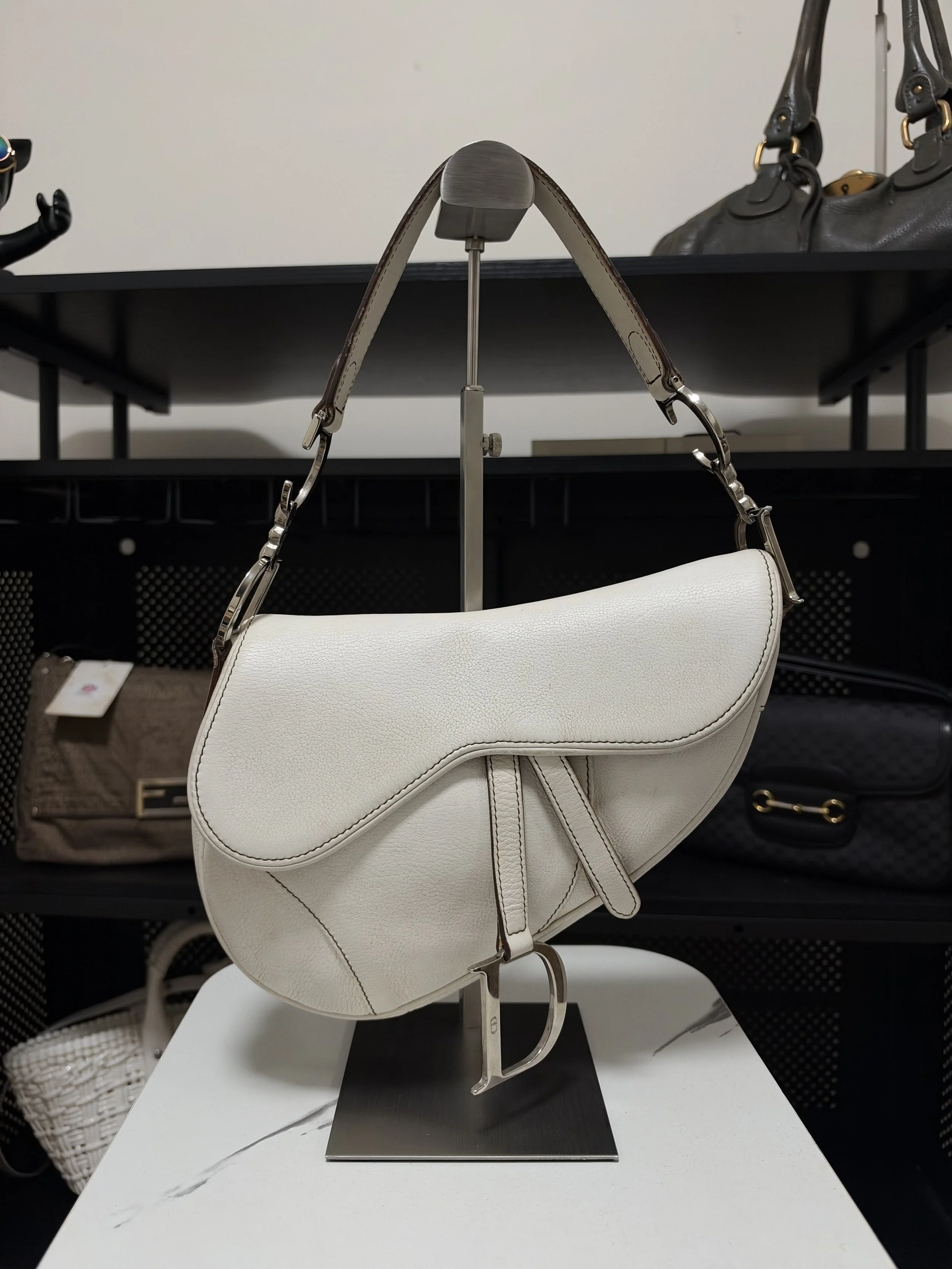 Dior White Leather Medium Saddle Shoulder Bag
