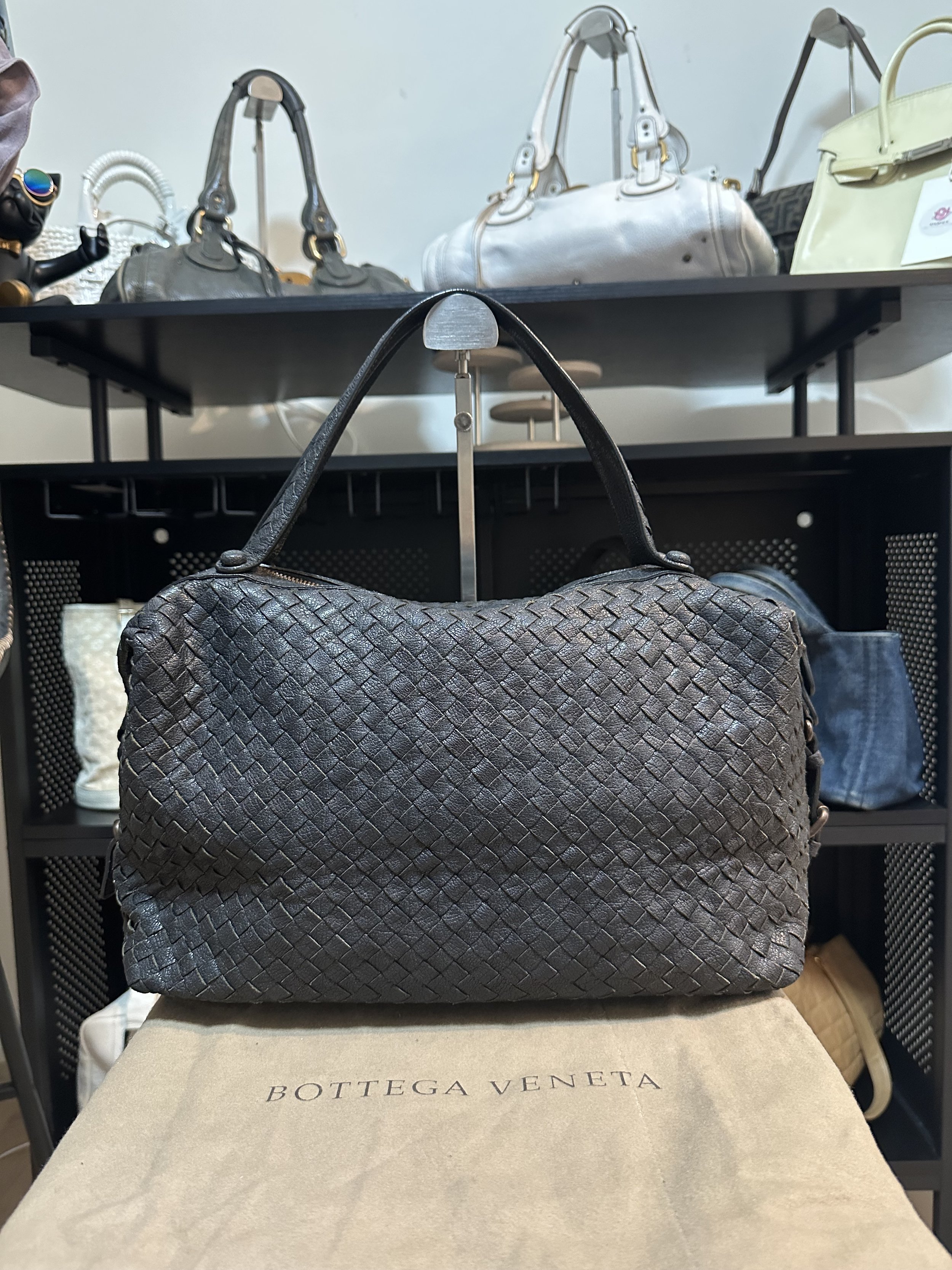 Bottega Veneta Black Ostrich Leather Intrecciato Brick Bag