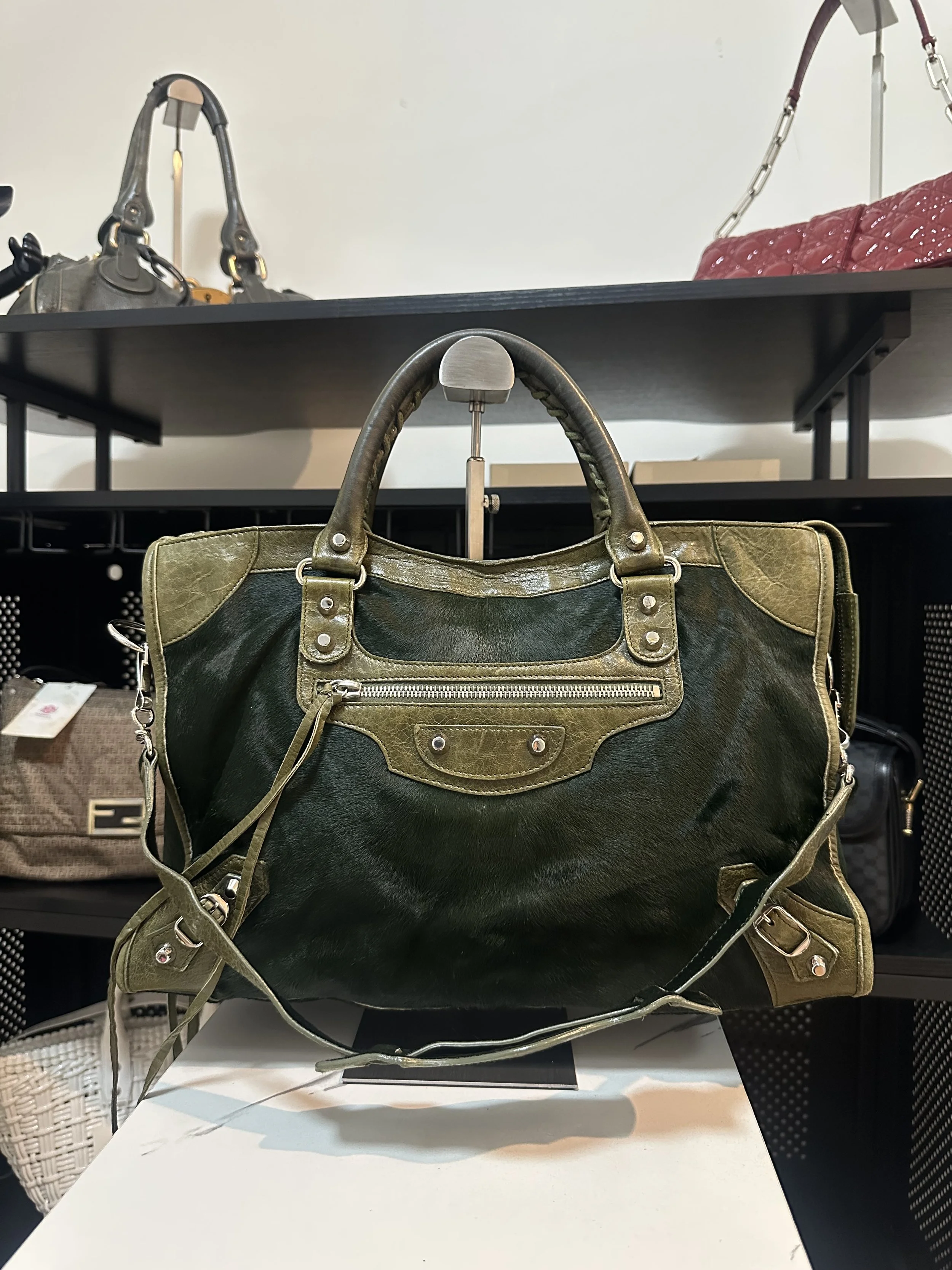 Balenciaga Khaki Green Pony Hair Large Classic City Bag