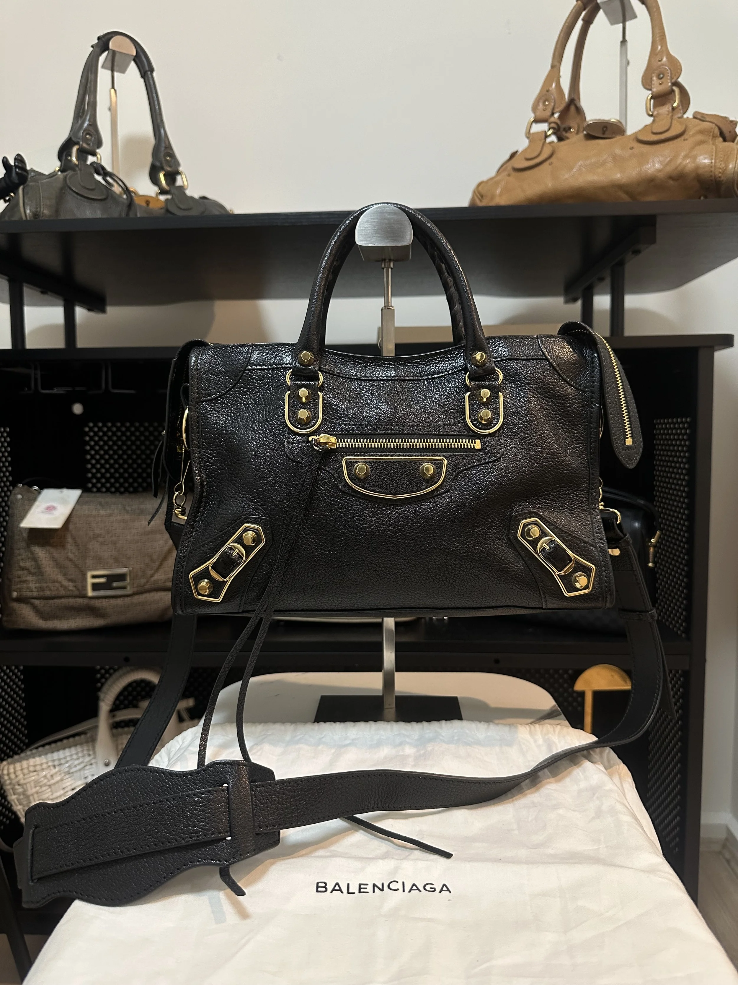 Balenciaga Black Leather 'Metallic Edge' Small City Bag