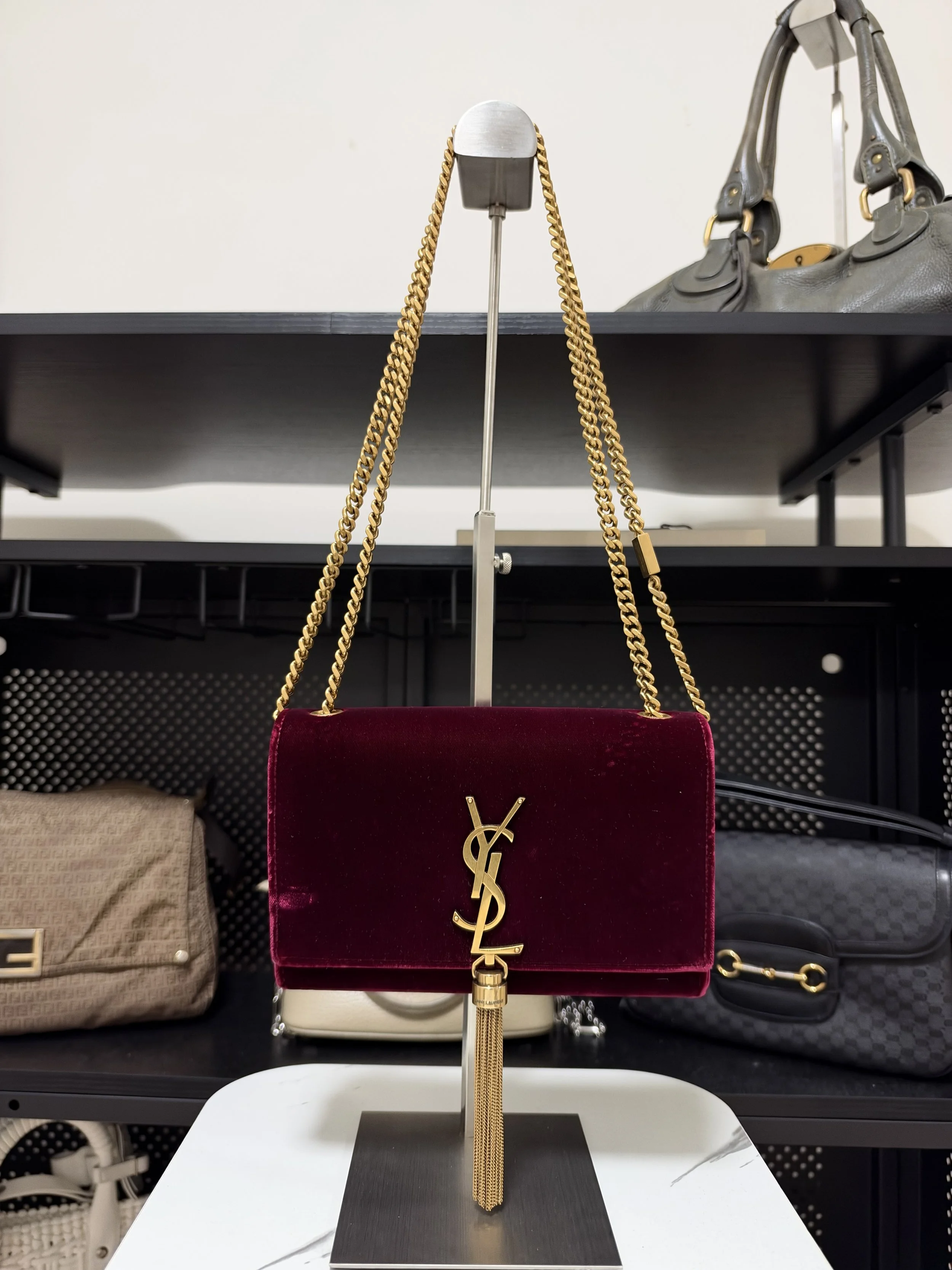 Yves Saint Laurent Burgundy Velvet Kate Tassel Shoulder Bag