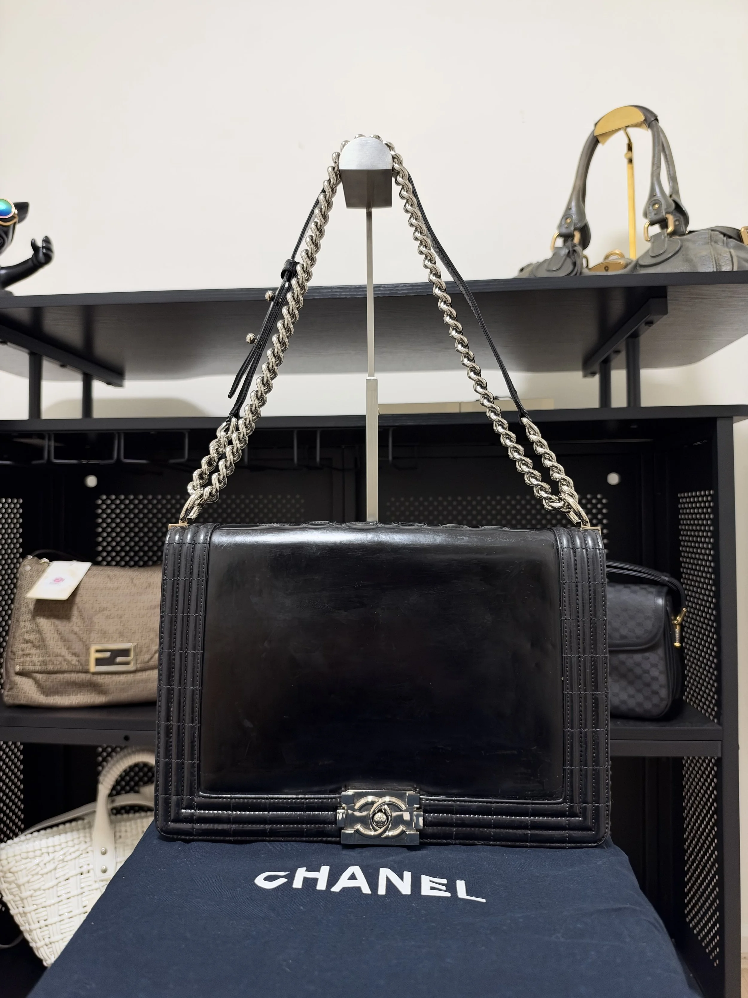 Chanel Black Patent Leather Le Boy Large Classic Flap Bag
