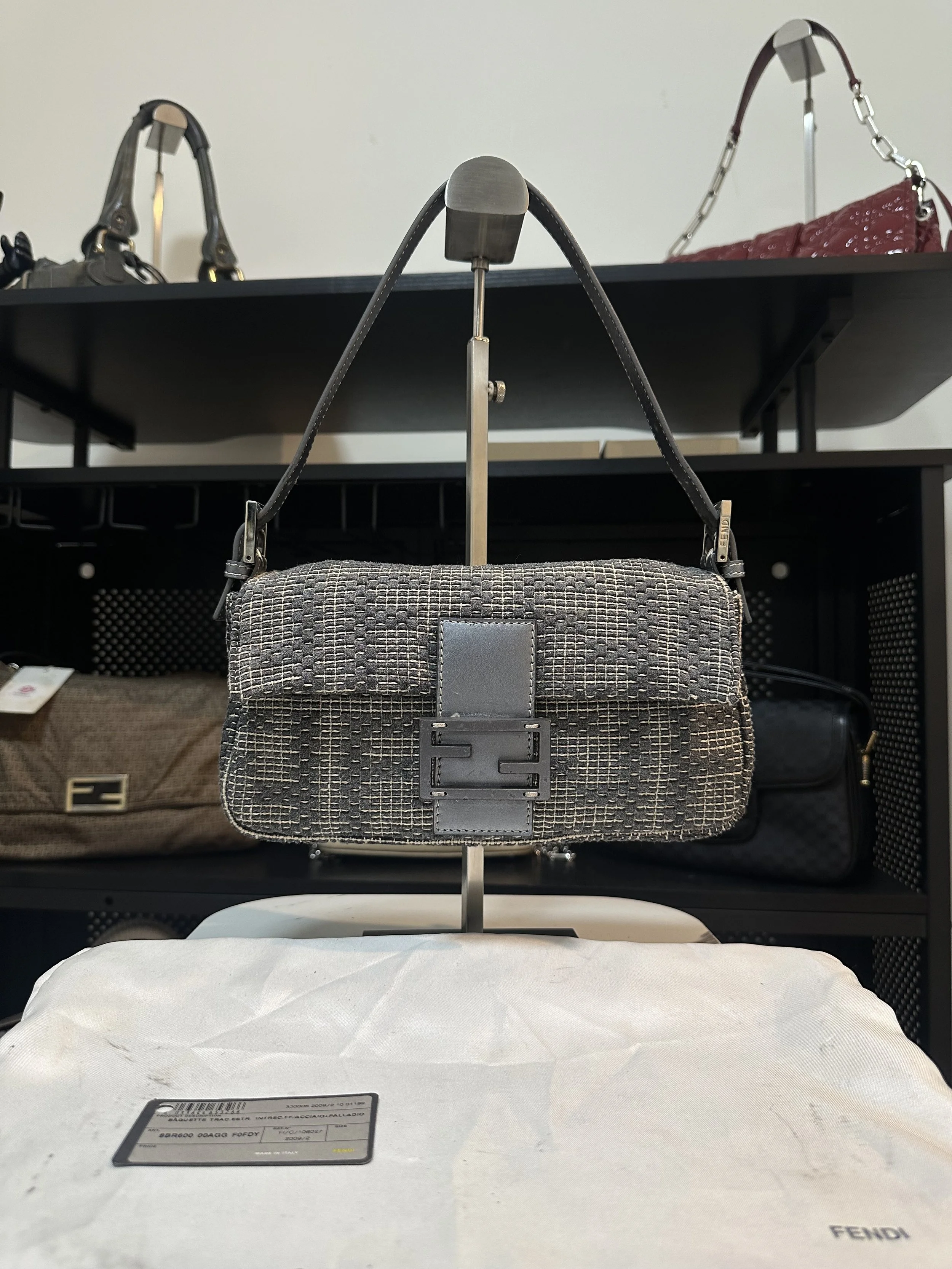 Fendi Grey Woven Textile Baguette Shoulder Bag