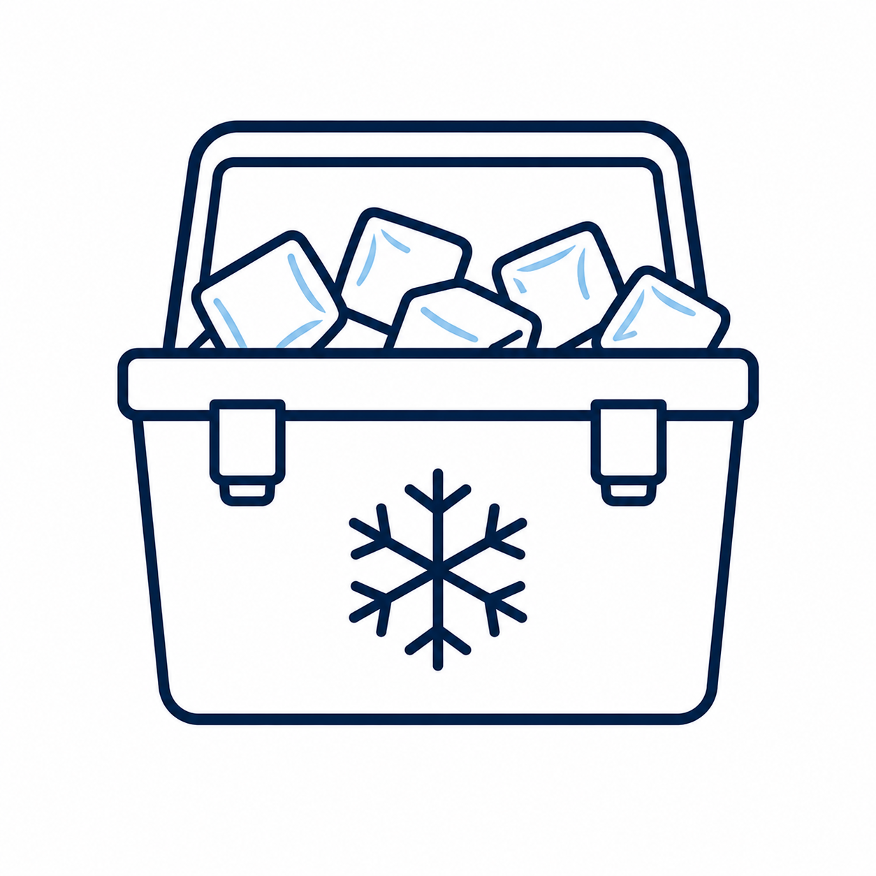 A line drawing of a cooler filled with ice cubes, featuring a snowflake symbol on the front.