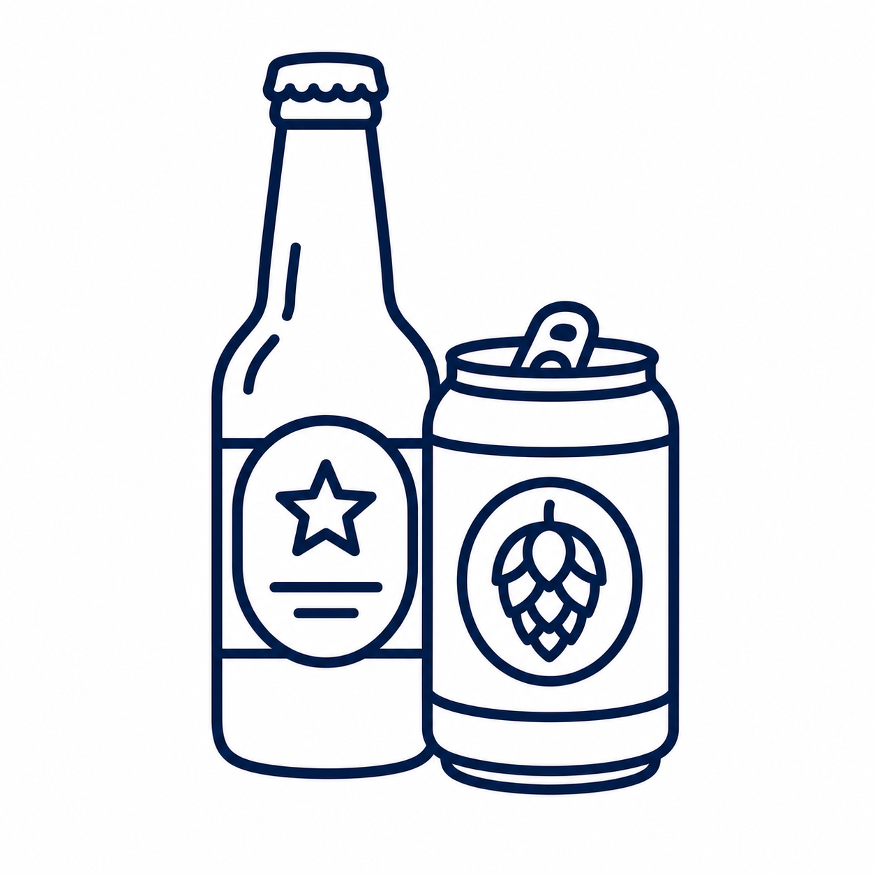 Line drawing of a bottle and a can of beverages, with the bottle featuring a star label and the can displaying a hop cone illustration.