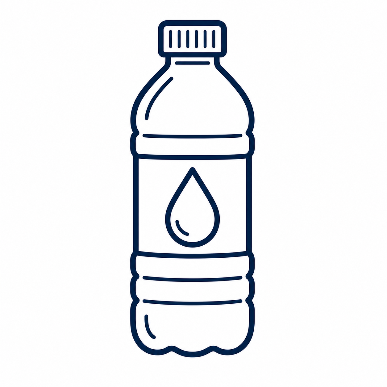 Line drawing of a plastic water bottle with a label and a drop symbol.