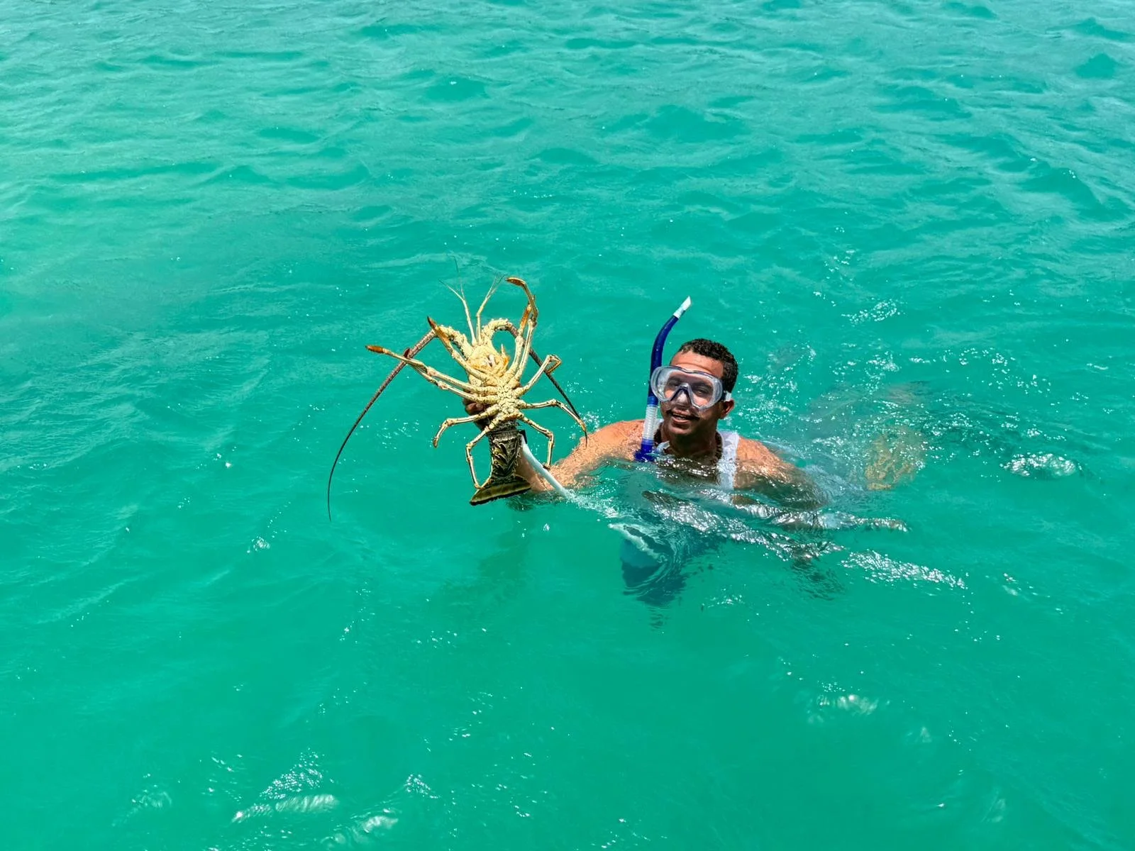 A man in snorkeling gear holding a large lobster in clear turquoise water.