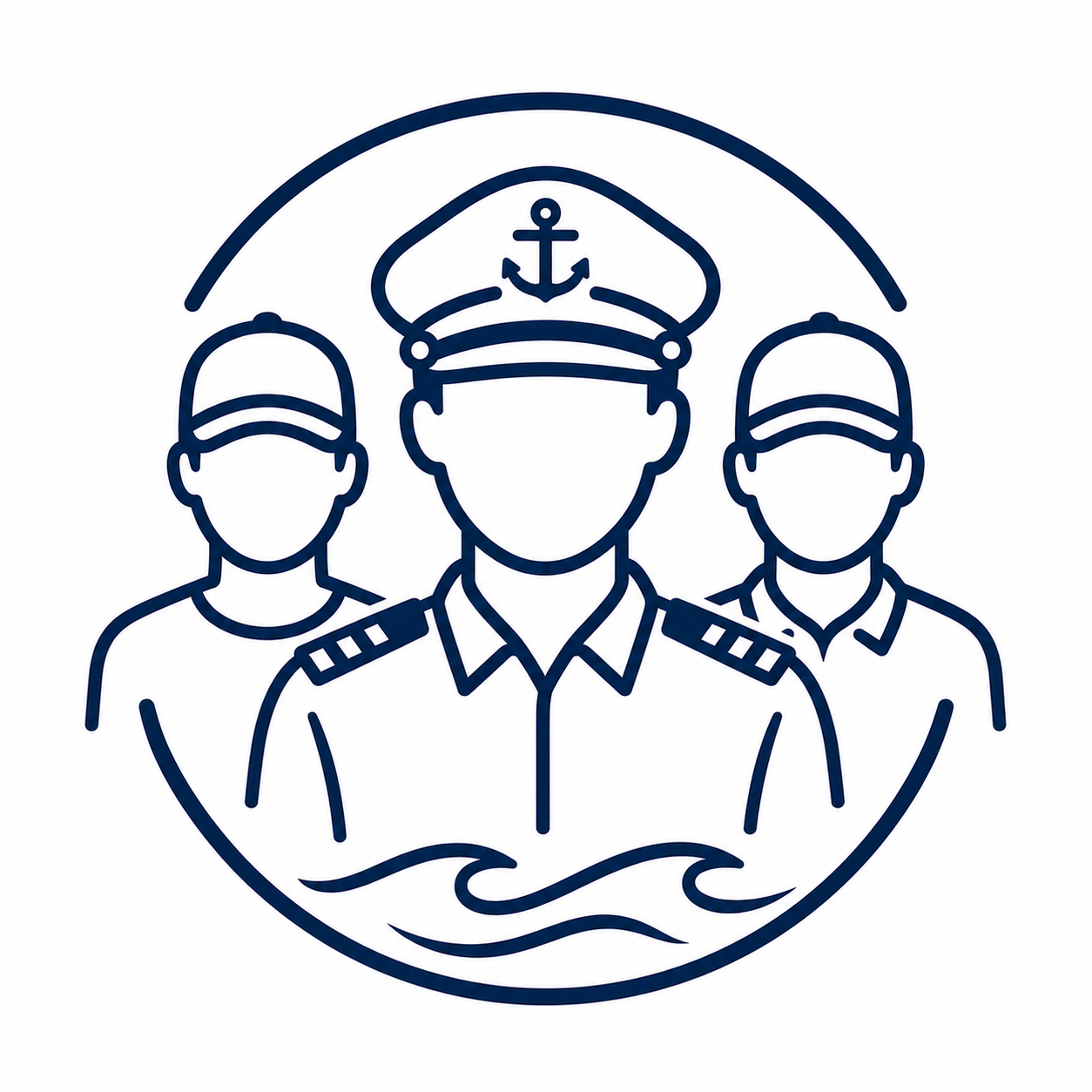 Line drawing of three maritime officers, with the central figure wearing a hat bearing an anchor symbol, and crossed hands below.