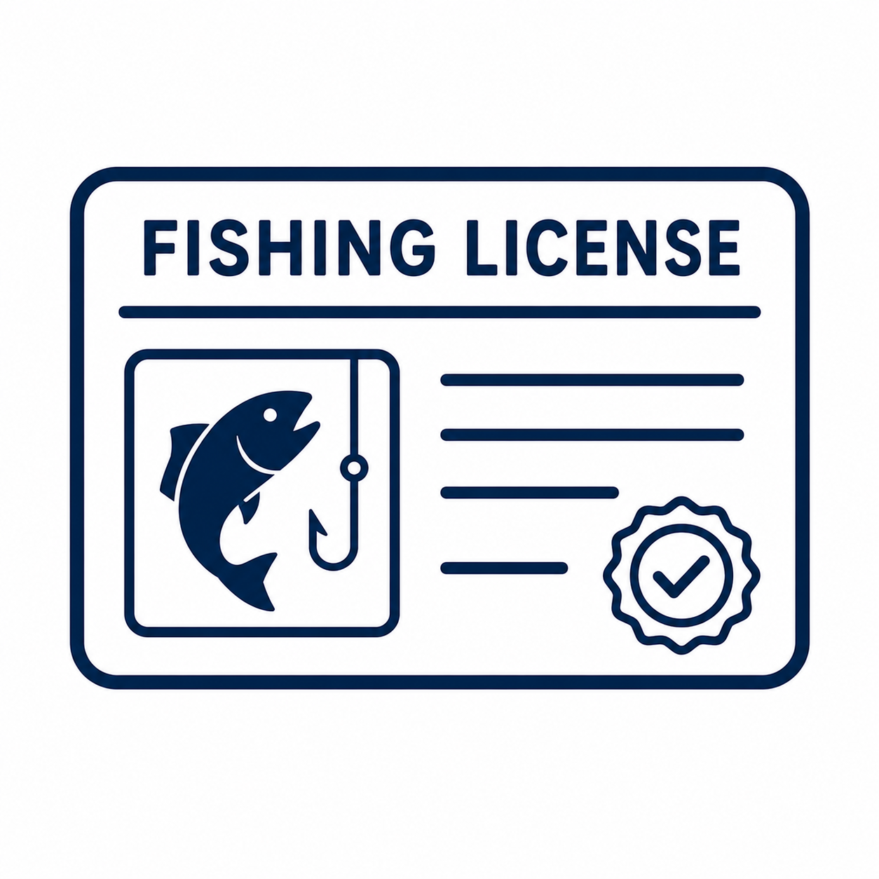 Illustration of a fishing license with a fish and hook icon, and a checkmark badge on a white background.