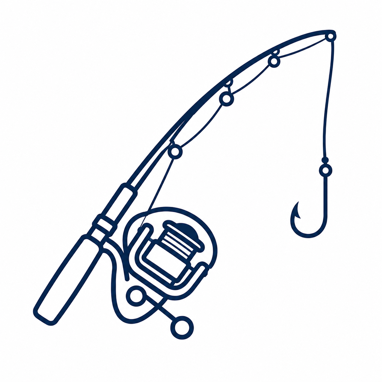 Line drawing of a fishing rod with a reel and a hook.