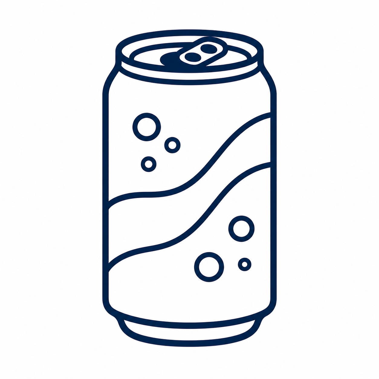 Line drawing of a soda can with bubbles and wave patterns.