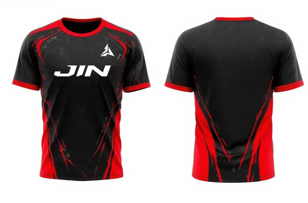 JIN MMA shirt in red, front and back