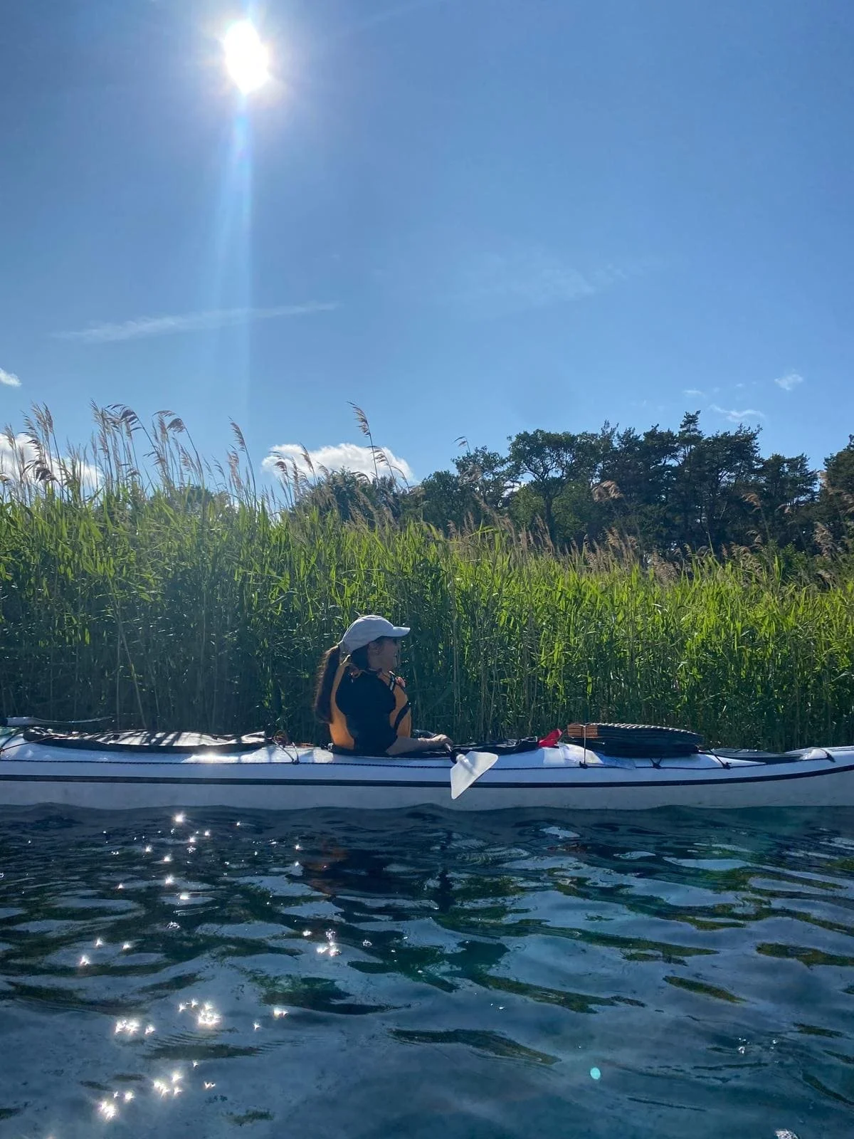 Eine Person in einem Kajak paddelt auf einem Fluss, im Hintergrund hohe Gräser und Bäume, die Sonne scheint am Himmel.