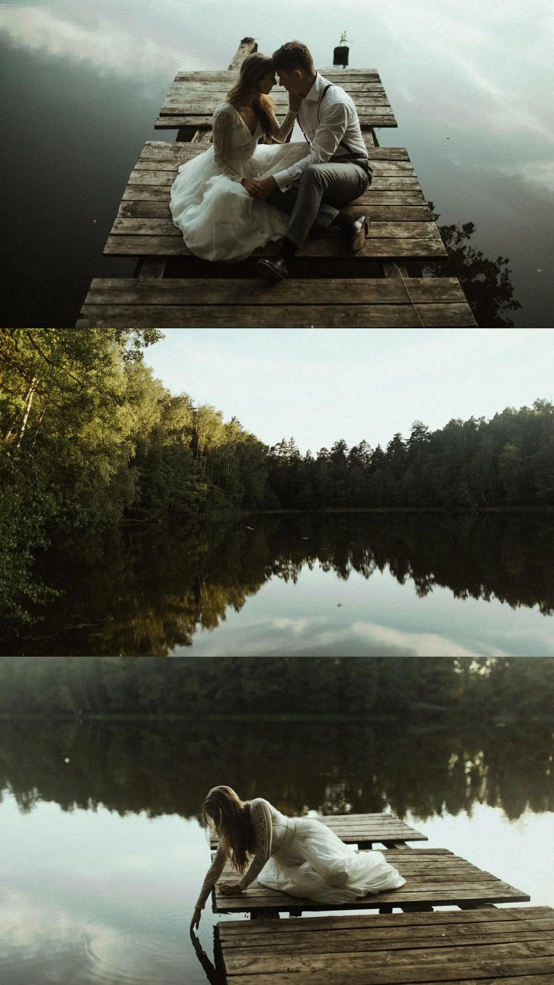 A romantic scene featuring a bride and groom sitting on a wooden dock by a lake. The bride is touching the groom's forehead, and in the lower part, the bride is crouched down touching the water with her finger.
