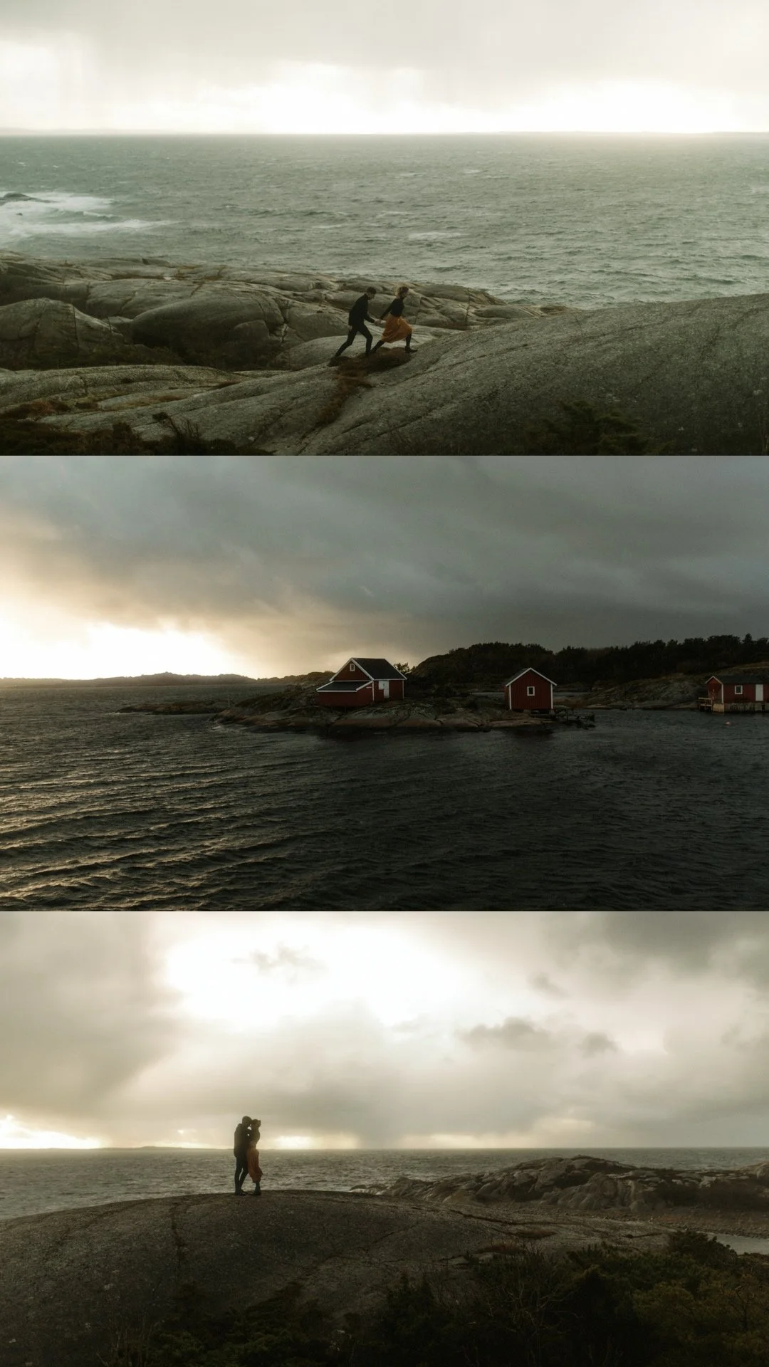 Three photos of a coastal landscape during overcast weather, featuring rocky shores, water, and a couple. In the first photo, two people are holding hands and walking on a rocky surface near the ocean. The second photo shows a view of small red house