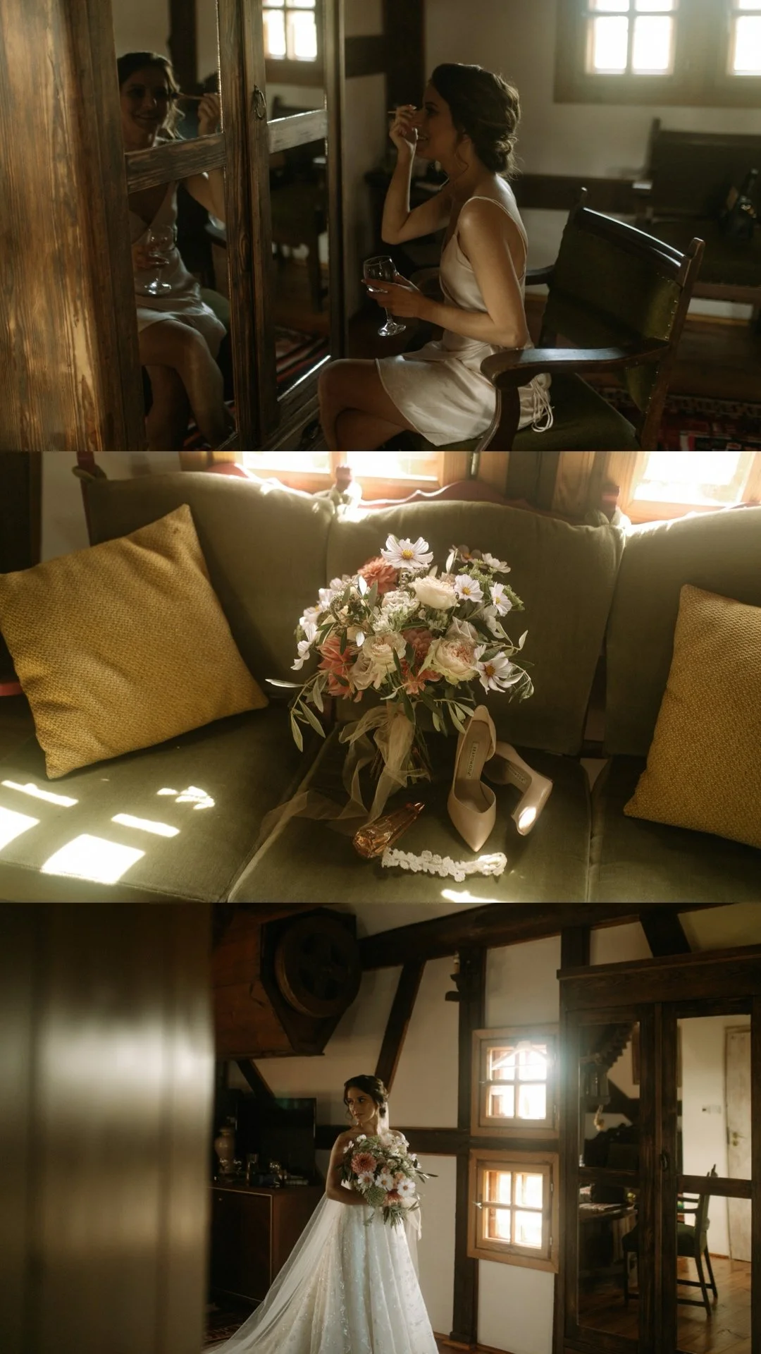 A woman in a white dress getting ready, a bouquet of flowers on a couch, and a bride holding flowers in a rustic room.