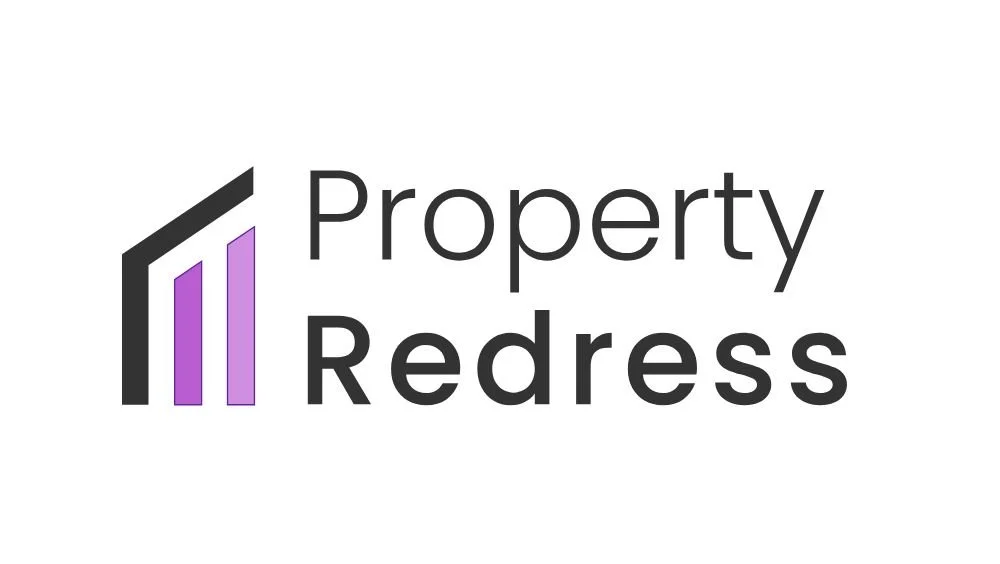 Logo for Property Redress featuring a stylized building with three purple bars and text 'Property Redress' in black and purple.