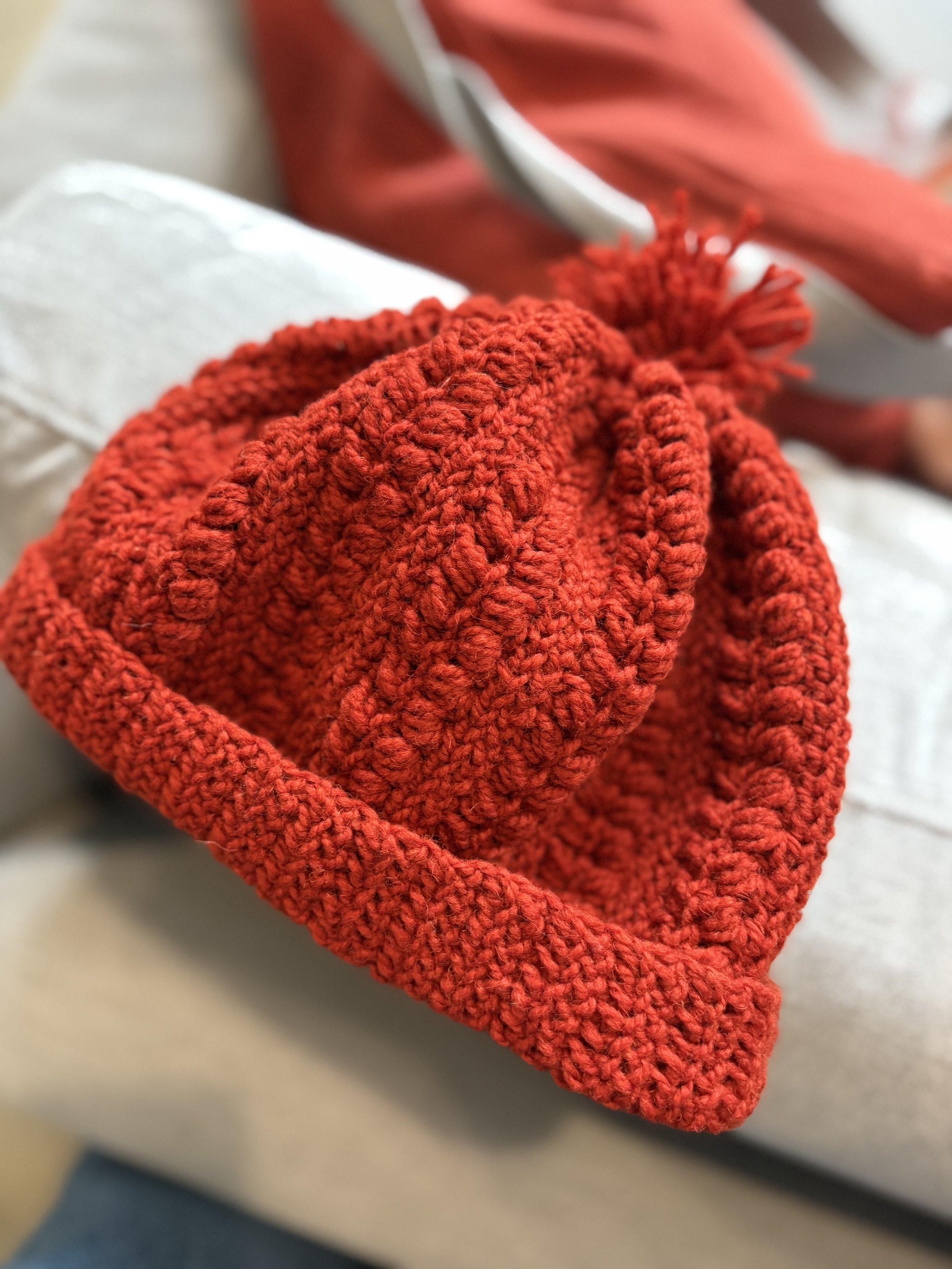 Wheat stitch snowy puff crochet hat with DeeAnn.