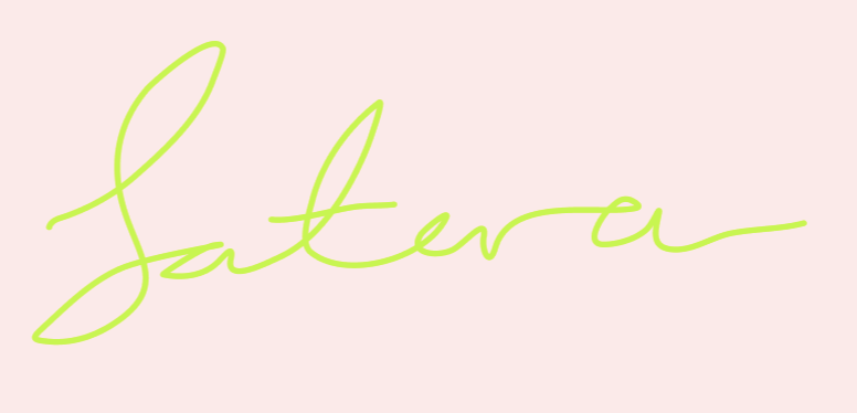 Handwritten word 'saterra' in lime green on a light pink background.