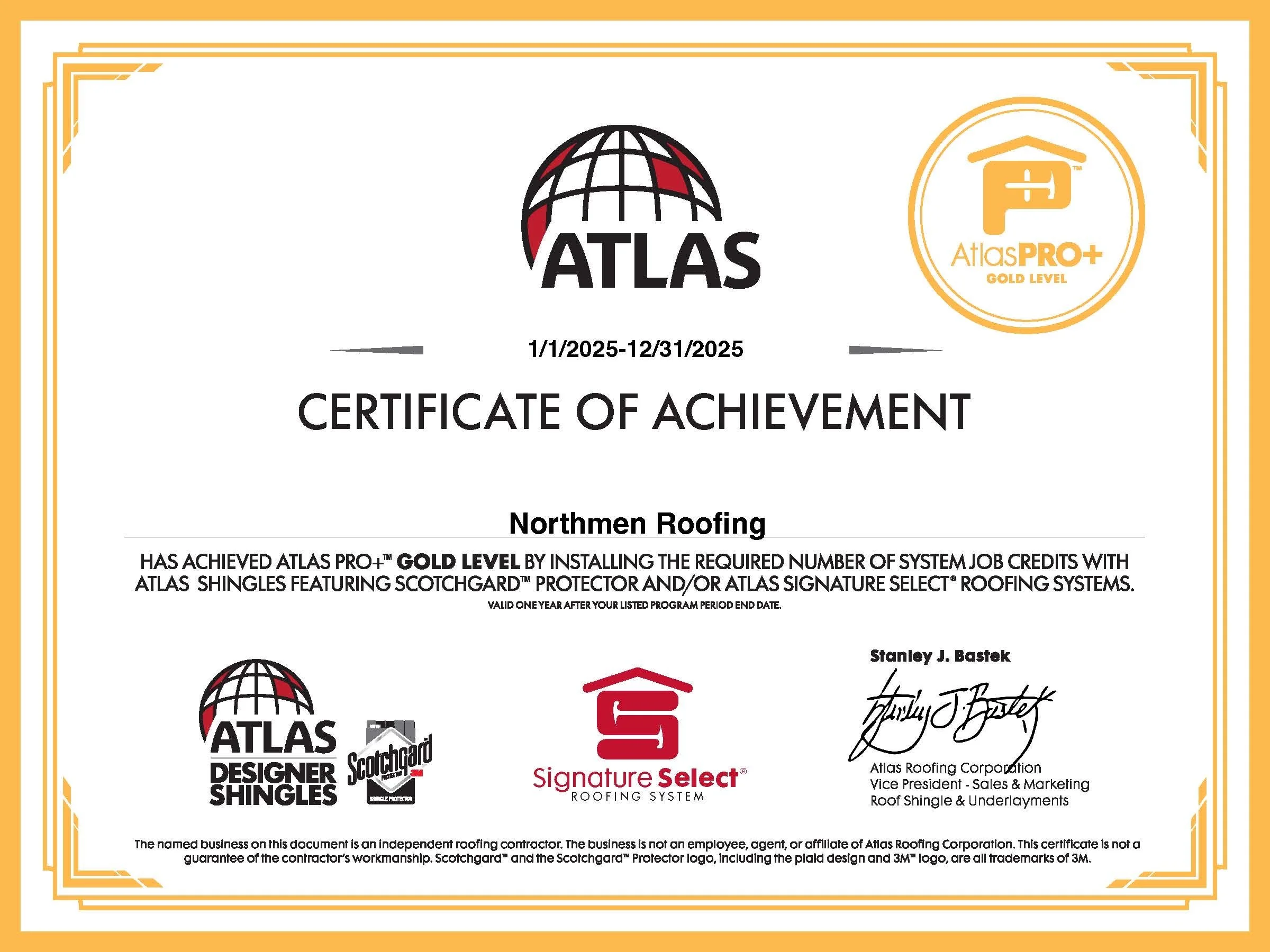 Northmen Roofing atlas gold certification for shingle roof replacements in orlando florida