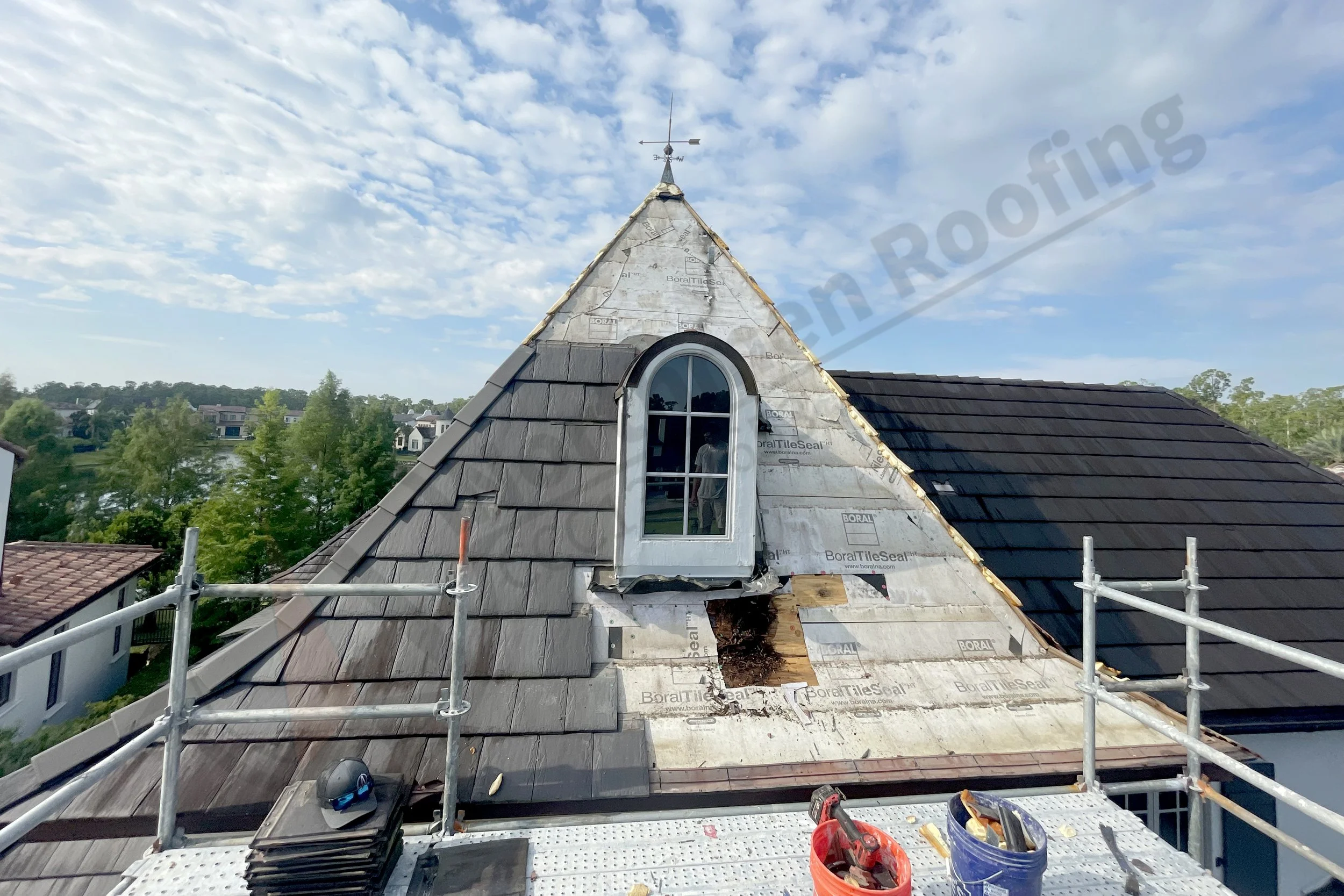 Lightning Stroke storm damage repair on ludowici tile roof in golden oaks florida