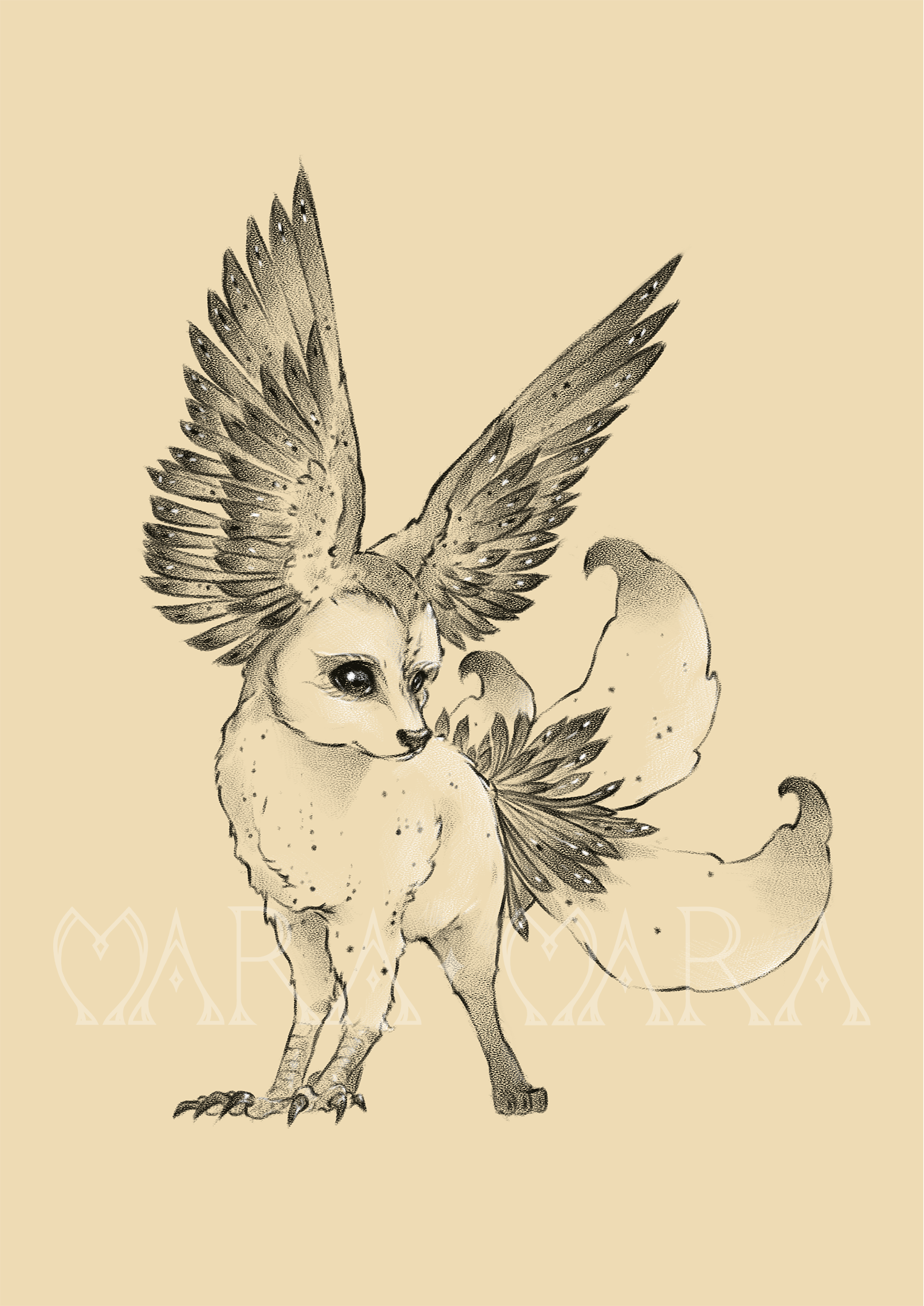 Le Fennec - Une créature à l'anatomie similaire à celle d'un griffon. Ses pattes avant sont celles d'une chouette effraie, le reste de son corps celui d'un bébé Fennec. Il a trois queues emplumées et vole grâce à ses oreilles ailées.