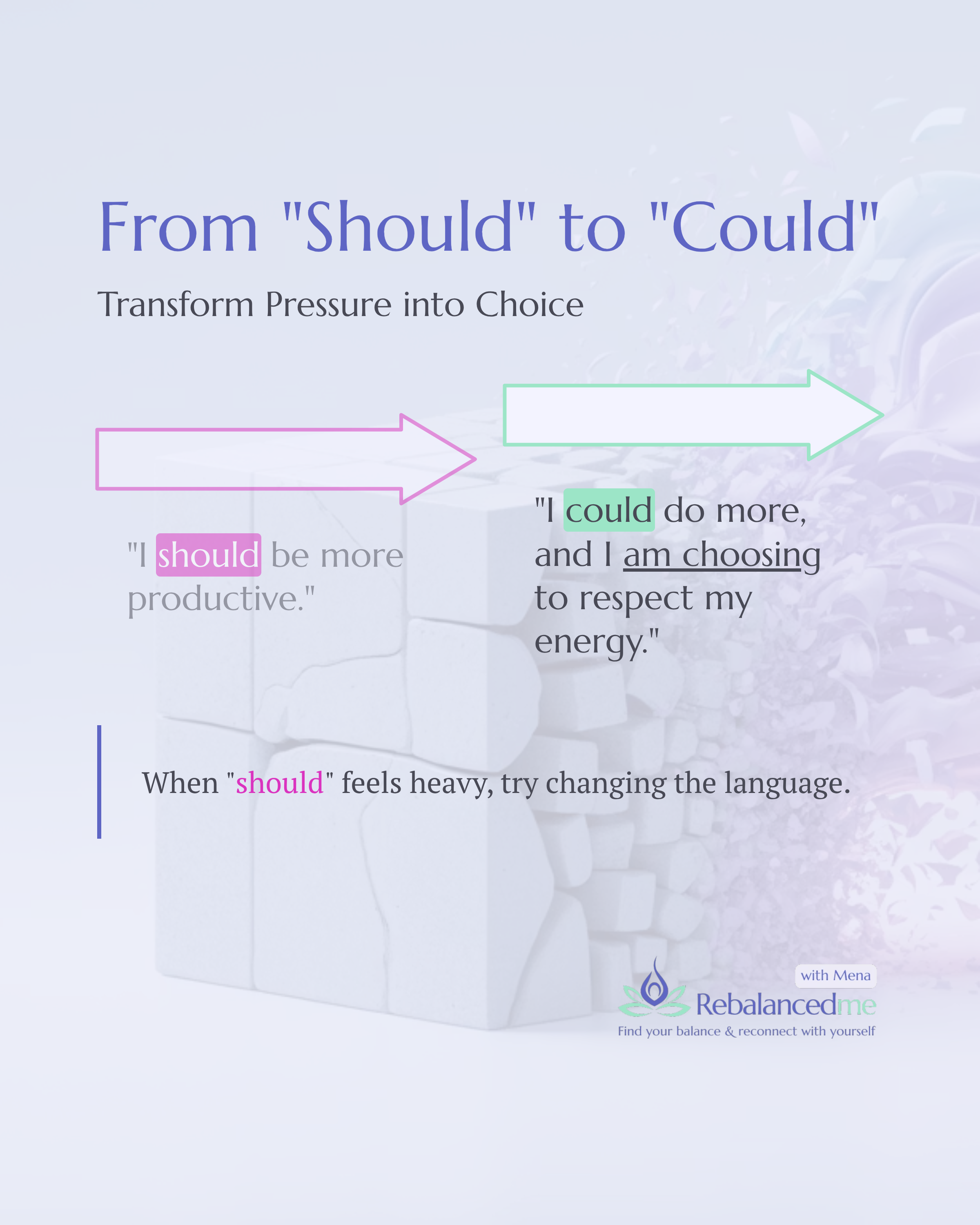 “I 𝘀𝗵𝗼𝘂𝗹𝗱 be more productive” → “I 𝗰𝗼𝘂𝗹𝗱 do more, and I am choosing to respect my energy.”

𝗦𝗼 𝗺𝘂𝗰𝗵 𝗼𝗳 𝗼𝘂𝗿 𝘀𝘁𝗿𝗲𝘀𝘀 𝗶𝘀 𝗰𝗮𝗿𝗿𝗶𝗲𝗱 𝗶𝗻 𝗼𝗻𝗲 𝘀𝗺𝗮𝗹𝗹 𝘄𝗼𝗿𝗱: 𝘀𝗵𝗼𝘂𝗹𝗱. It sounds neutral, but it often hides pre