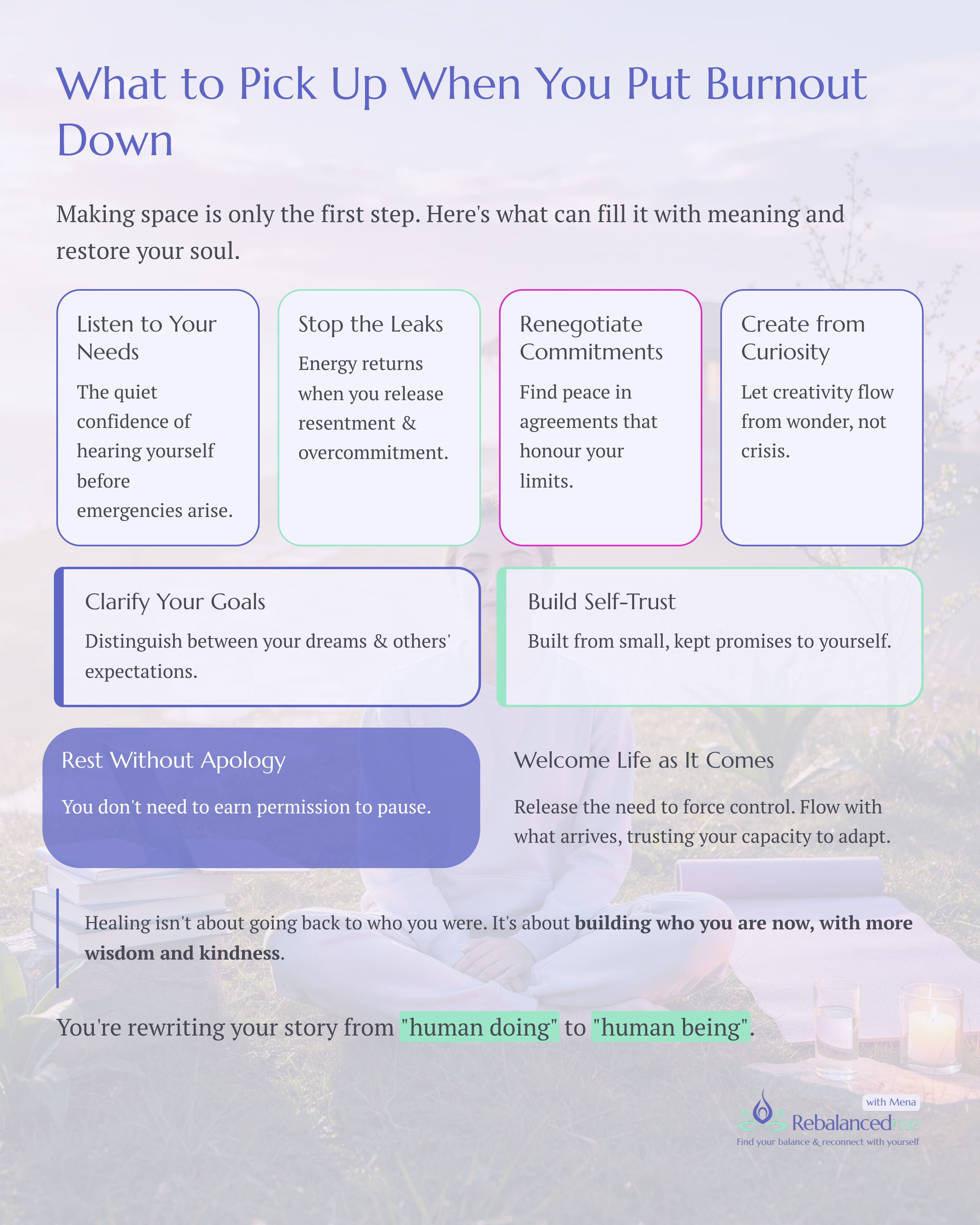 Burnout isn’t just about exhaustion, it’s about what’s missing when you stop taking care of yourself.

Putting it down doesn’t leave you empty. It makes room for energy, clarity, creativity, and rest to return.

💡 Today, 𝘄𝗵𝗮𝘁’𝘀 𝗼𝗻𝗲 𝘀𝗺𝗮𝗹?