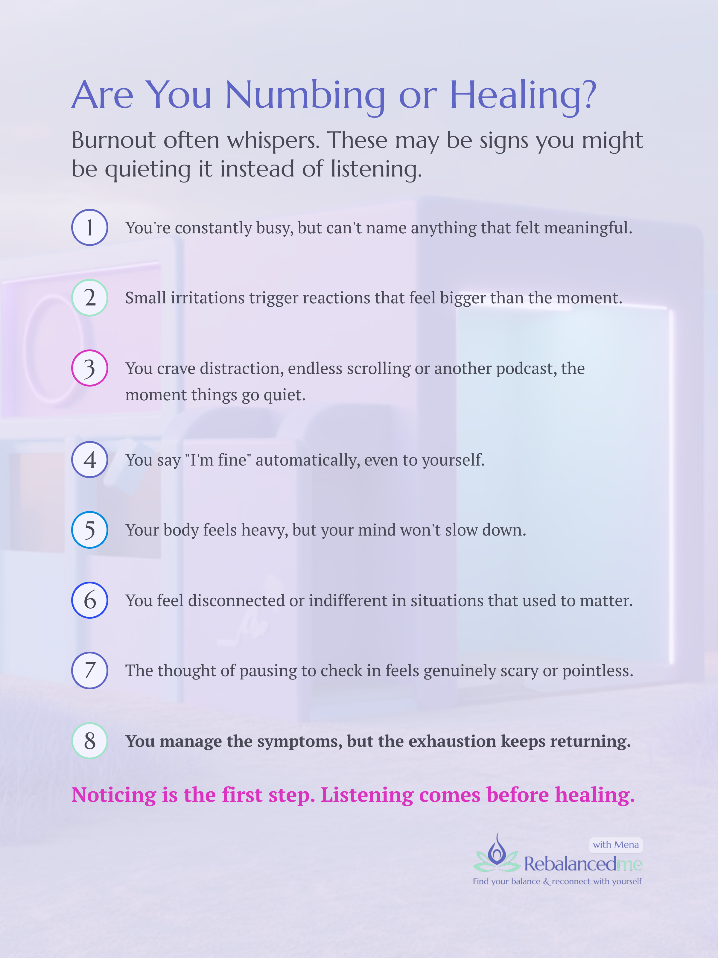 𝗕𝘂𝗿𝗻𝗼𝘂𝘁 𝗱𝗼𝗲𝘀𝗻'𝘁 𝗮𝗹𝘄𝗮𝘆𝘀 𝘀𝗵𝗼𝘂𝘁. 𝗦𝗼𝗺𝗲𝘁𝗶𝗺𝗲𝘀 𝗶𝘁'𝘀 𝘁𝗵𝗲 𝗾𝘂𝗶𝗲𝘁 𝘁𝗵𝗶𝗻𝗴𝘀 𝘄𝗲 𝗱𝗼 𝘁𝗼 𝗸𝗲𝗲𝗽 𝗶𝘁 𝗮𝘁 𝗯𝗮𝘆.

Are you numbing or healing? Pause on these signs. 𝗡𝗼𝘁𝗶𝗰𝗶𝗻𝗴 𝗶𝘀 𝘁𝗵𝗲 𝗳𝗶𝗿𝘀𝘁 𝘀𝘁?