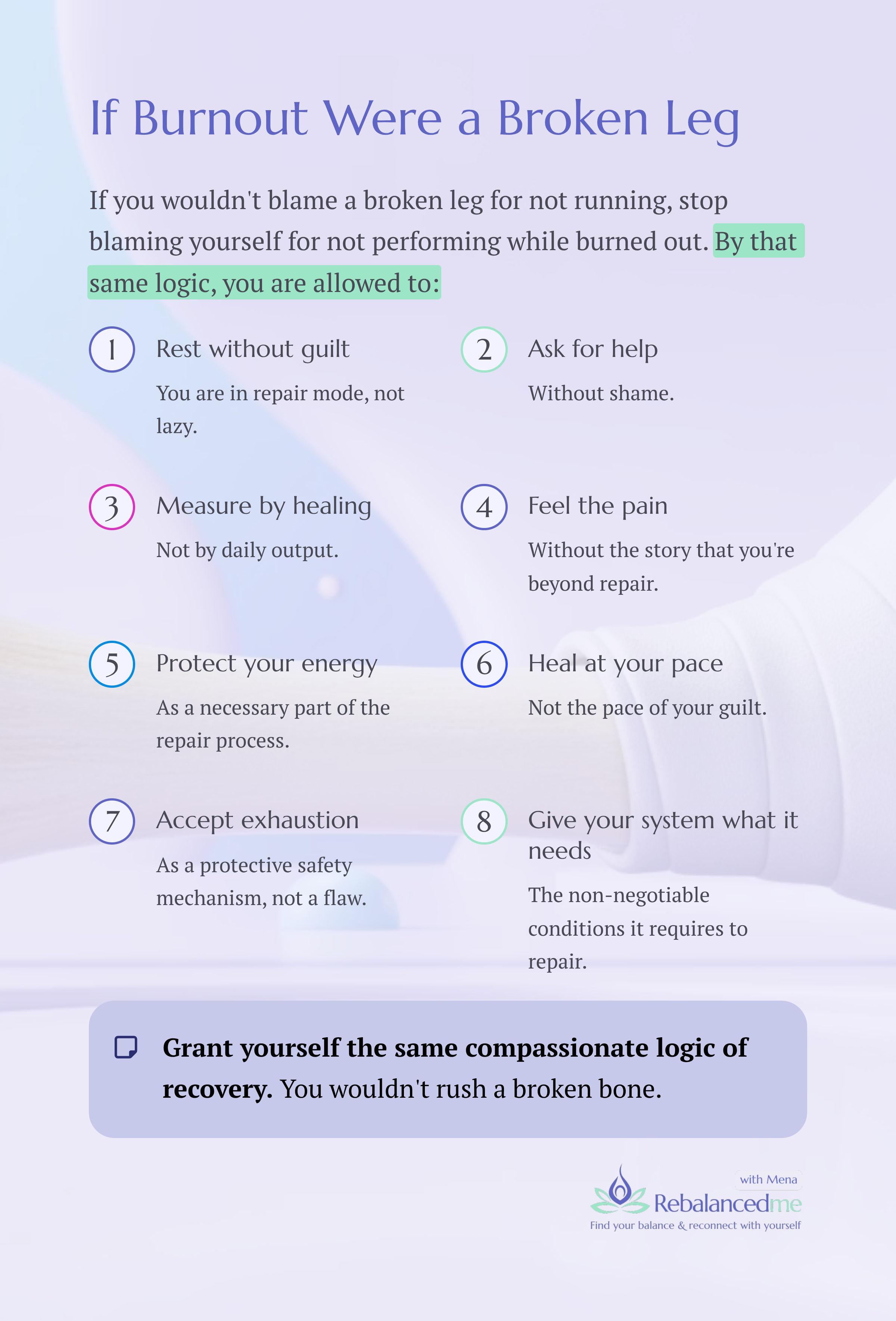 𝗕𝘂𝗿𝗻𝗼𝘂𝘁 𝗶𝘀 𝗻𝗼𝘁 𝗮 𝗽𝗲𝗿𝘀𝗼𝗻𝗮𝗹 𝗳𝗮𝗶𝗹𝘂𝗿𝗲. 𝗜𝘁 𝗶𝘀 𝗮 𝘀𝘆𝘀𝘁𝗲𝗺 𝗮𝘀𝗸𝗶𝗻𝗴 𝗳𝗼𝗿 𝗿𝗲𝗽𝗮𝗶𝗿.

If you had a broken leg, rest would not be optional. Healing would not be rushed. Support would not need justification.

Yet w