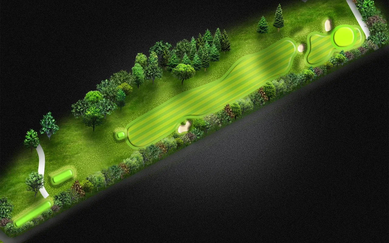 Layout of a golf course hole with tee boxes, fairway, sand traps, and trees surrounding the area.