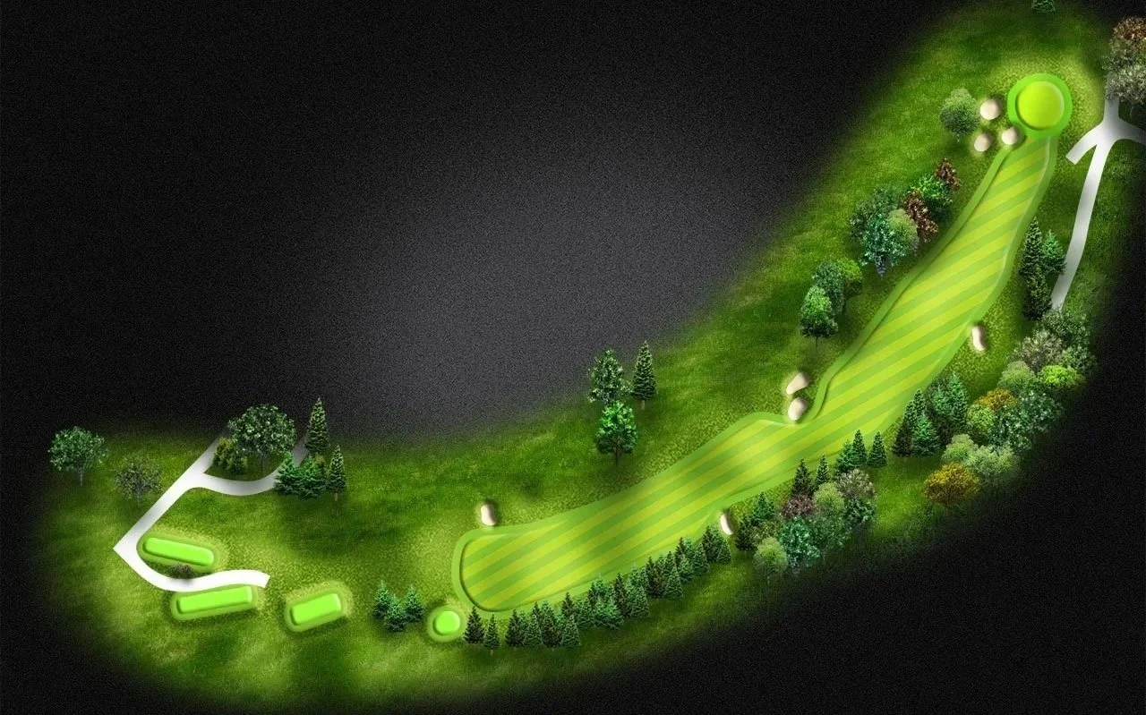 Night aerial view of a golf course hole with a curved fairway, trees lining the edges, sand bunkers, and bright green putting green at the hole with a flag.