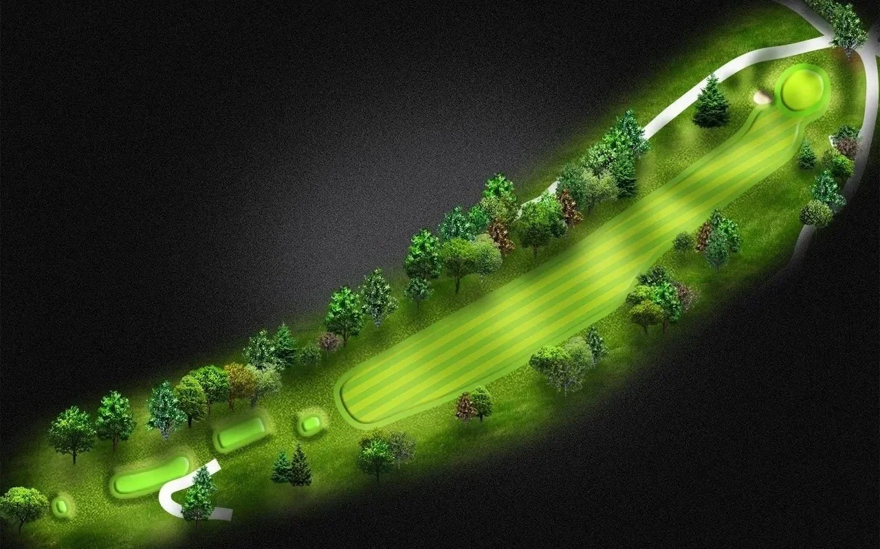 Night view of a golf course hole with a bright green fairway, trees lining the edges, and a green with a sand trap near the hole.