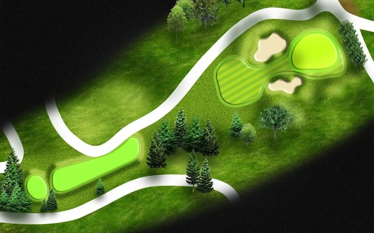 A top-down view of a golf course with green fairways, sand traps, and trees, surrounded by dark forested area.