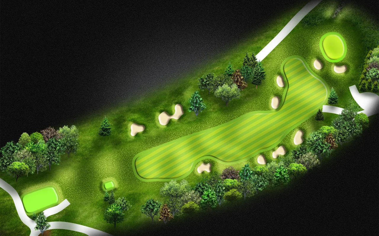 Illustration of a golf course layout with greens, fairways, trees, sand traps, and pathways, illuminated at night.