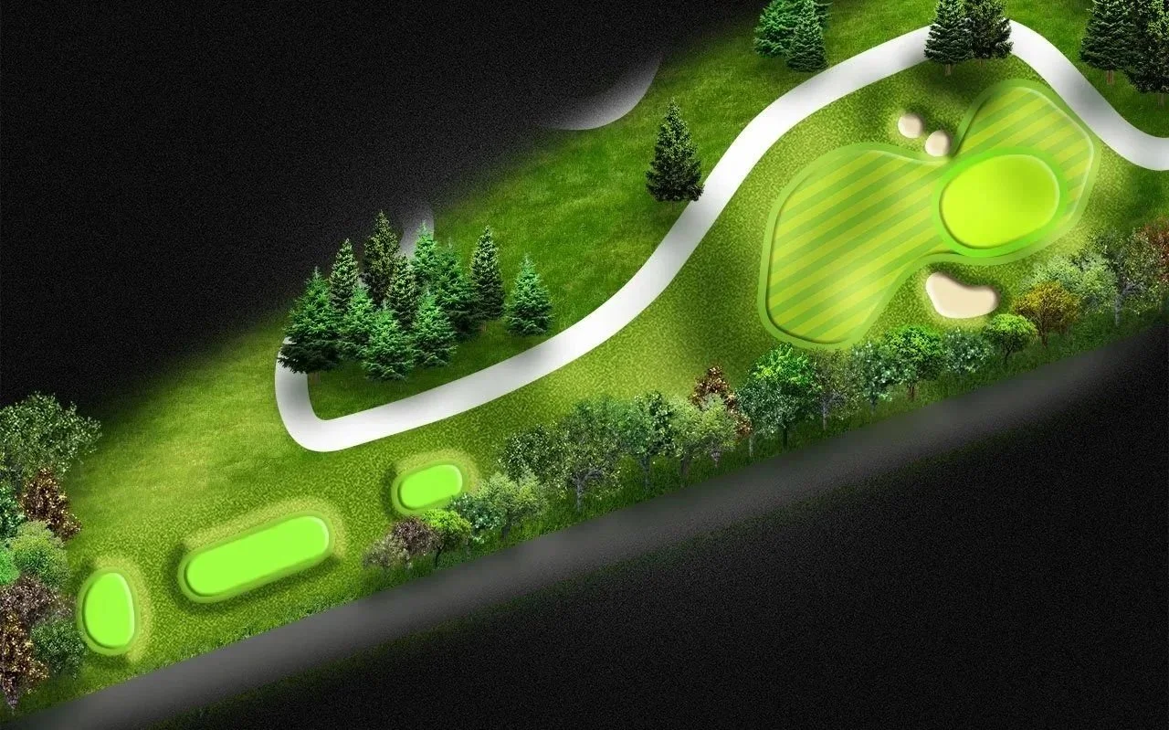 Top-down view of a golf course with a putting green, sand traps, surrounding trees, and a pathway on a green landscape.