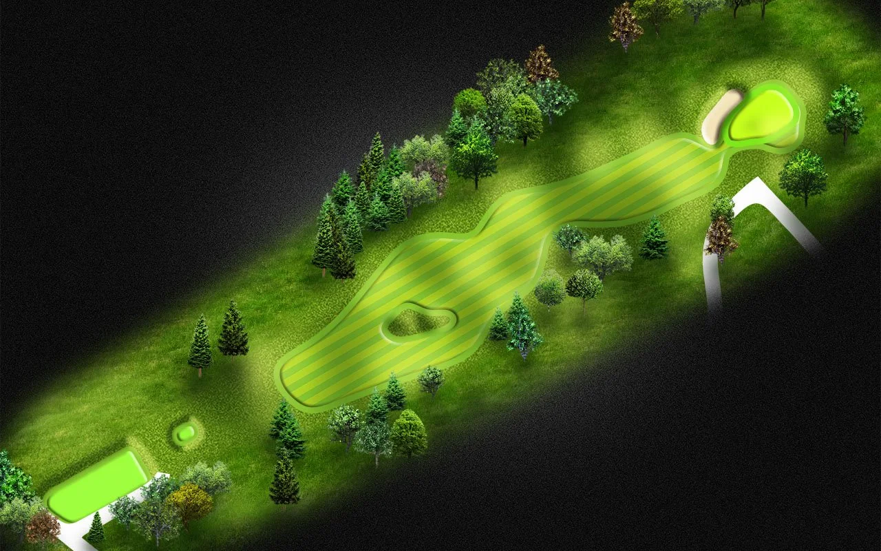 Illustration of a golf course layout at night, featuring a fairway, green areas, trees, and sand traps, with a pathway leading to the clubhouse in the lower left corner.