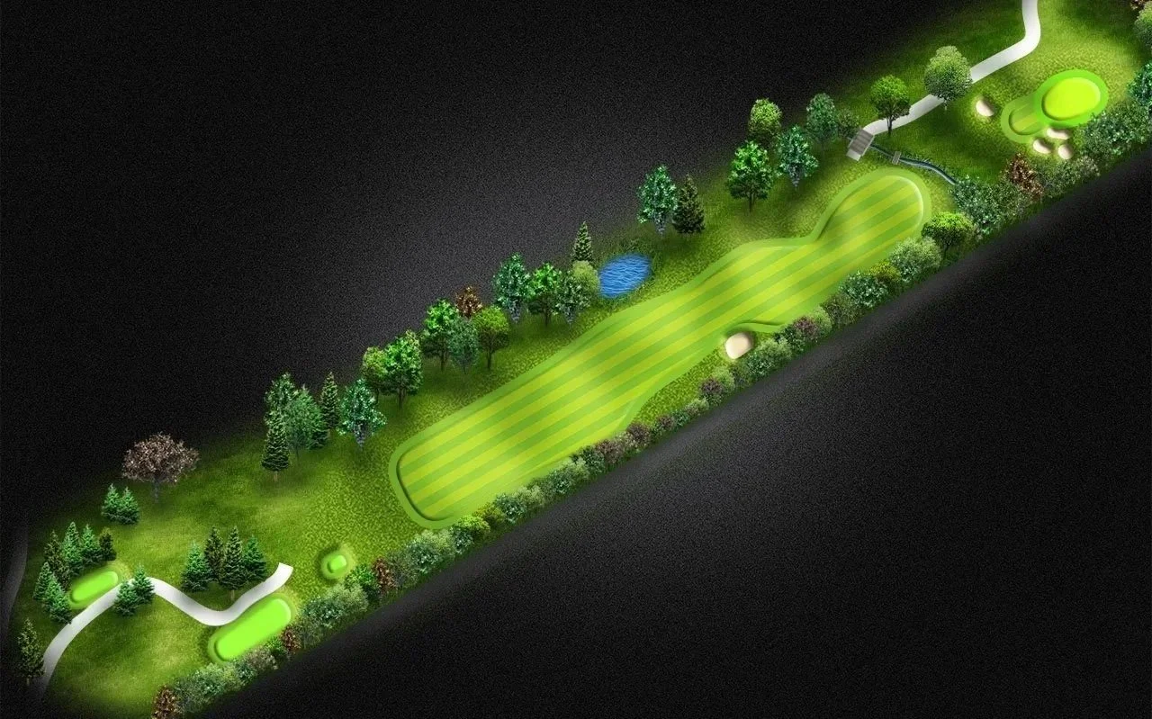 Bird's eye view of a golf course with green fairways, trees, sand traps, water hazard, and pathways.