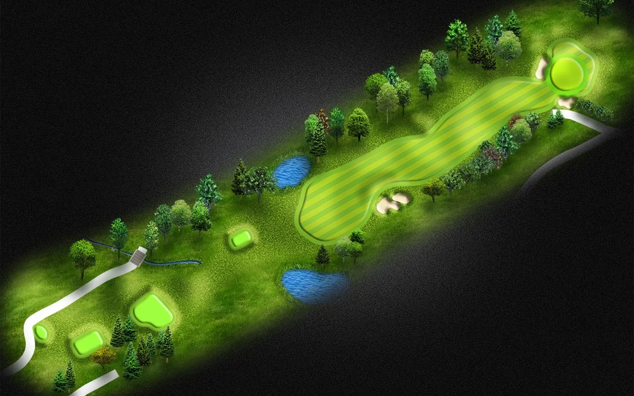 A detailed map of a golf course showing the layout of the holes, fairways, greens, water hazards, and trees at night, with illuminated areas highlighting the course features.