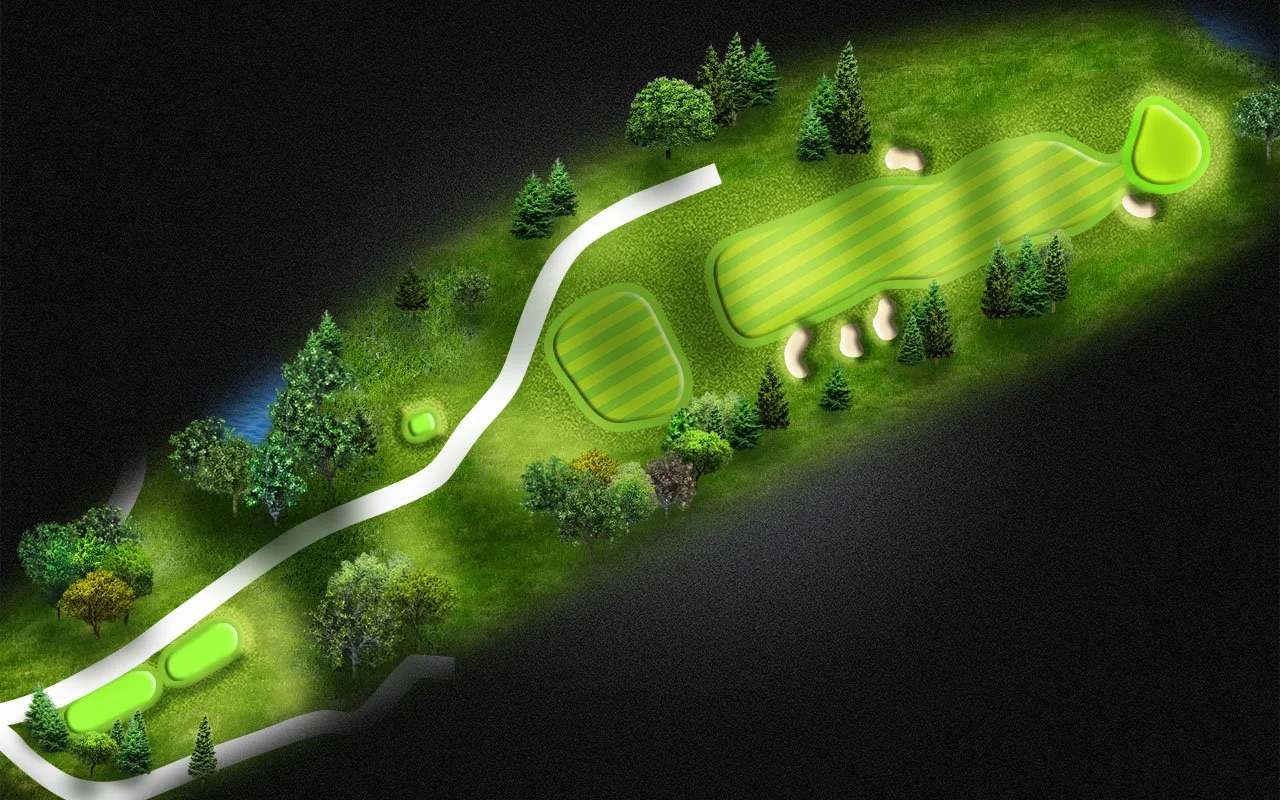 A detailed map of a golf course showcasing fairways, greens, sand bunkers, trees, and water hazards, with a white path indicating a walking or cart route.